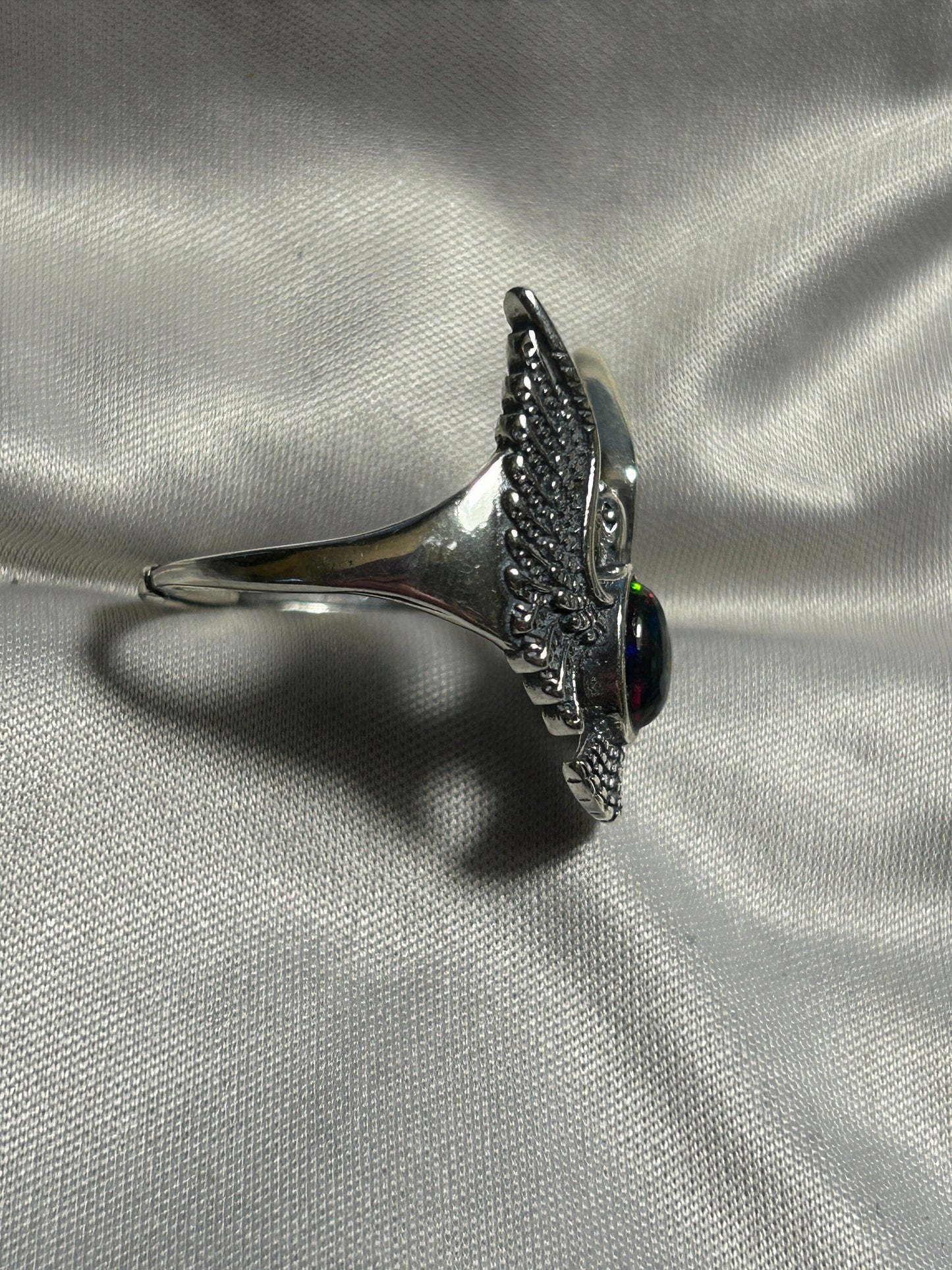 Eagle Ring with Black Opal Set in 925 Sterling Silver - Adjustable Gothic Phoenix Jewellery Celtic Dragon Jewellery