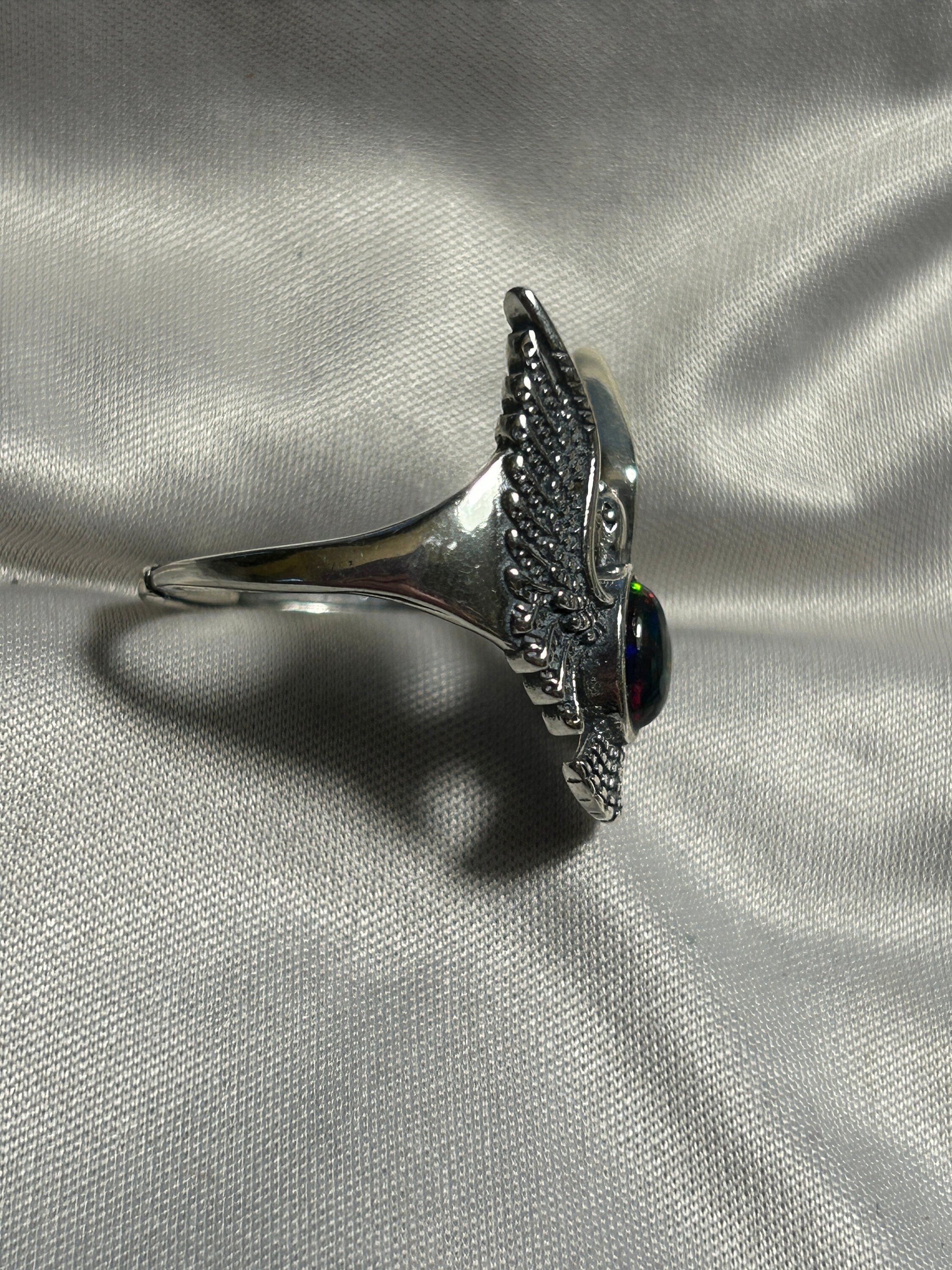 Eagle Ring with Black Opal Set in 925 Sterling Silver - Adjustable Gothic Phoenix Jewellery Celtic Dragon Jewellery