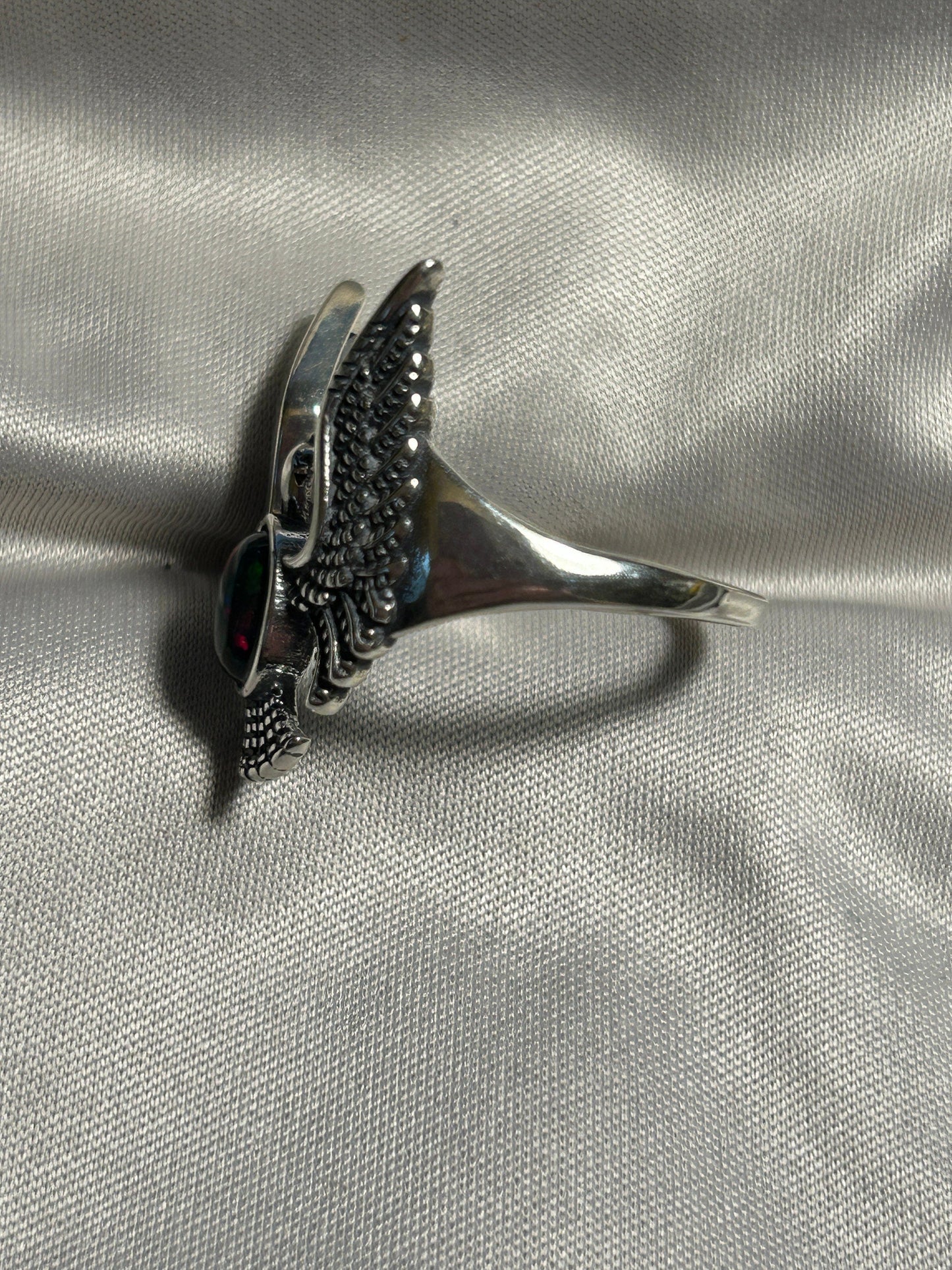 Eagle Ring with Black Opal Set in 925 Sterling Silver - Adjustable Gothic Phoenix Jewellery Celtic Dragon Jewellery