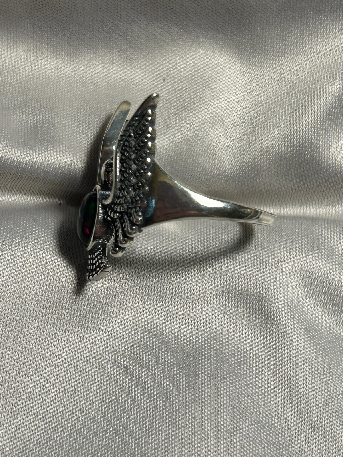 Eagle Ring with Black Opal Set in 925 Sterling Silver - Adjustable Gothic Phoenix Jewellery Celtic Dragon Jewellery