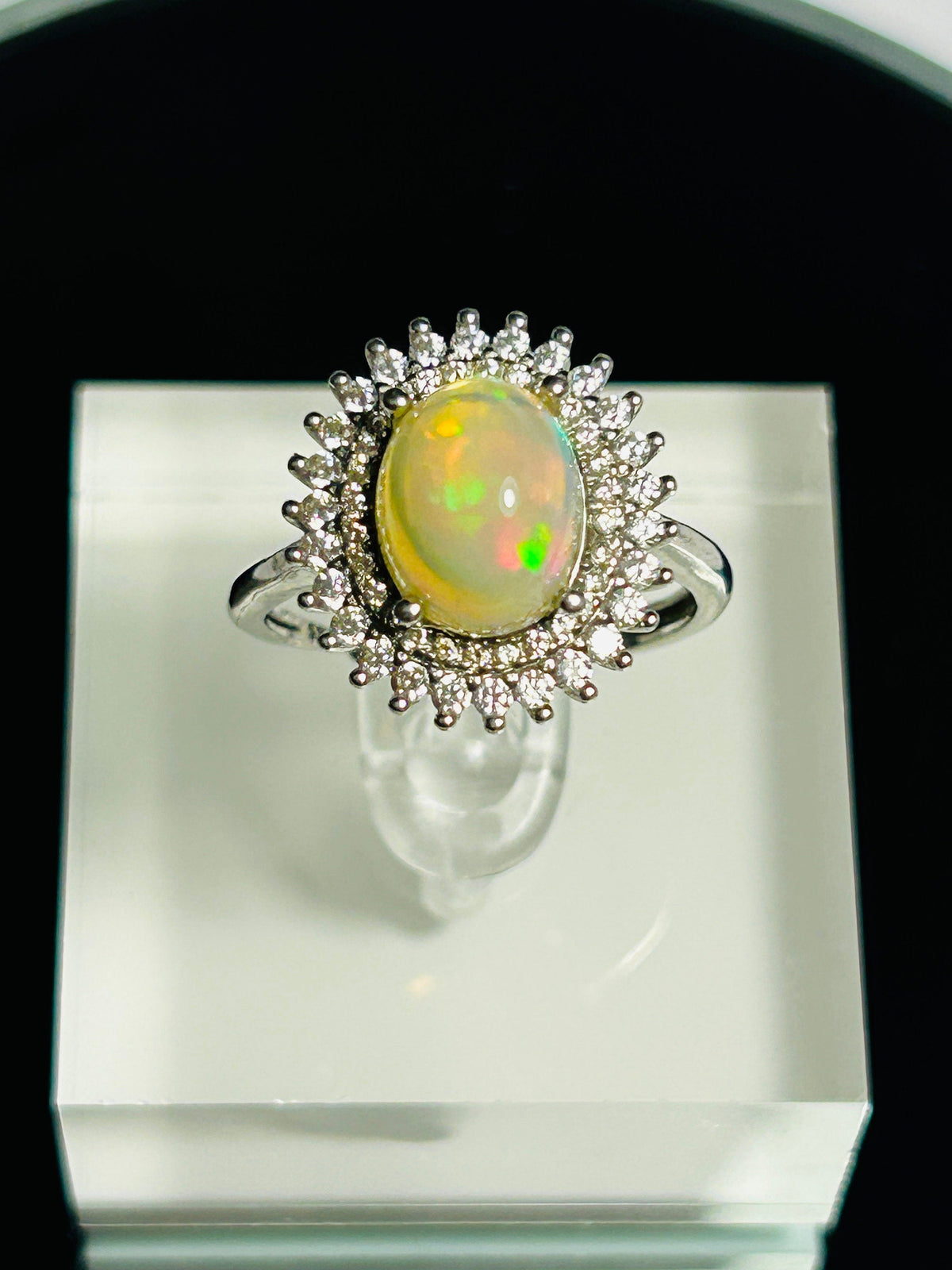 Opal Halo Ring with CZ in 925 Sterling Silver - Adjustable Starburst Jewellery Celtic Dragon Jewellery
