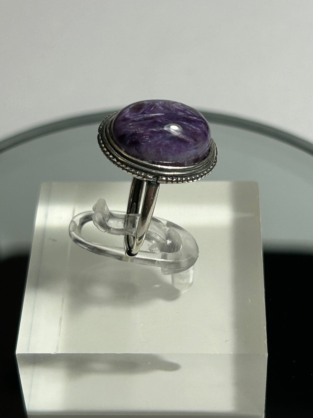 Oval Charoite Ring in 925 Sterling Silver - Adjustable Purple Bezel Goth Jewellery