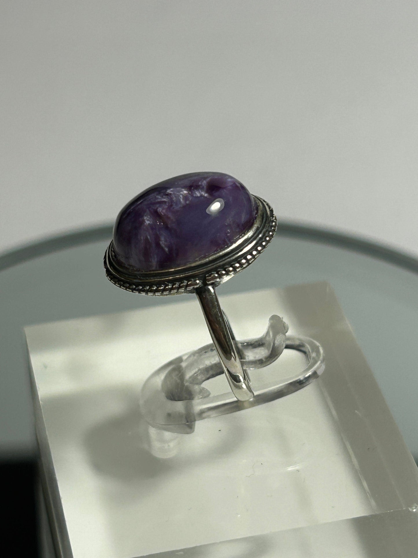 Oval Charoite Ring in 925 Sterling Silver - Adjustable Purple Bezel Goth Jewellery Celtic Dragon Jewellery