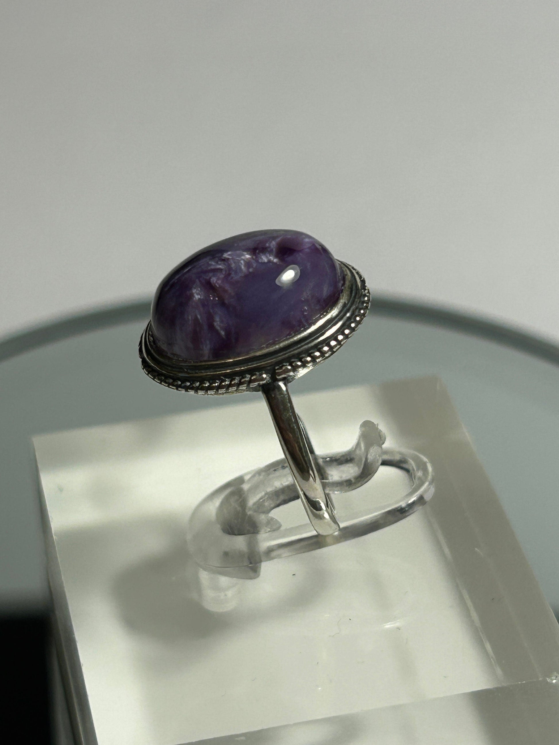 Oval Charoite Ring in 925 Sterling Silver - Adjustable Purple Bezel Goth Jewellery Celtic Dragon Jewellery