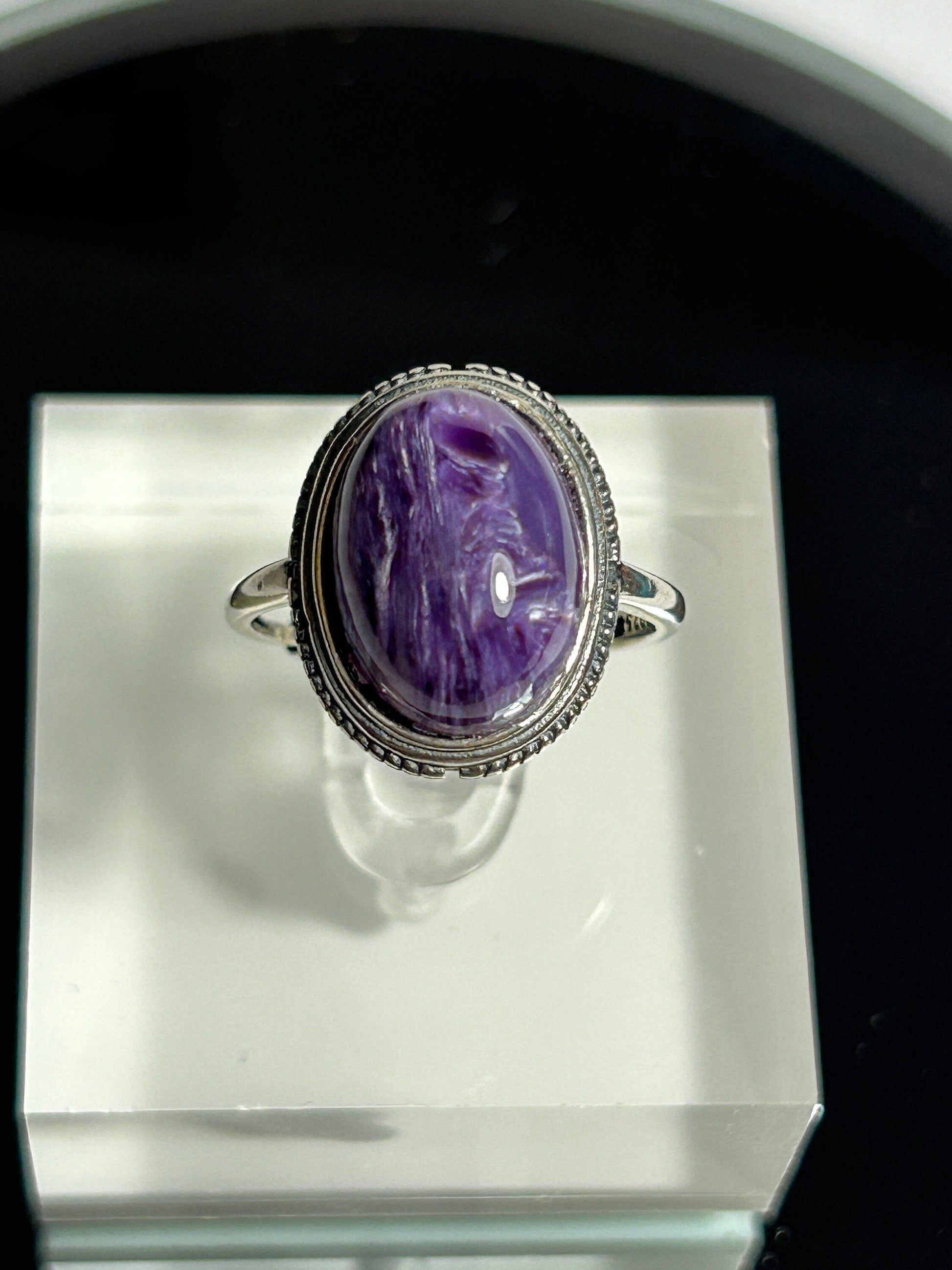 Oval Charoite Ring in 925 Sterling Silver - Adjustable Purple Bezel Goth Jewellery Celtic Dragon Jewellery