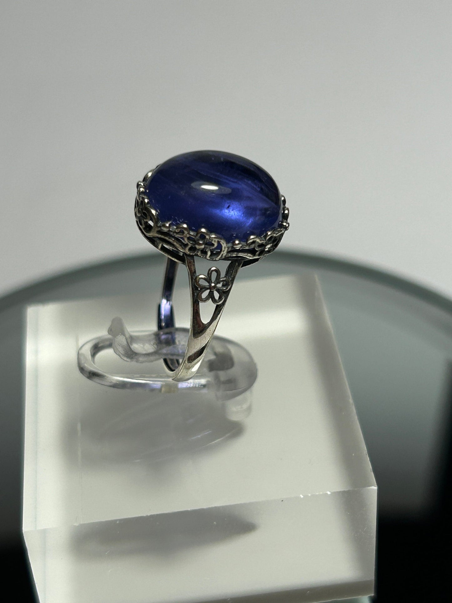 Oval Blue Fluorite Ring, 925 Sterling Silver, Adjustable Statement Jewellery Celtic Dragon Jewellery