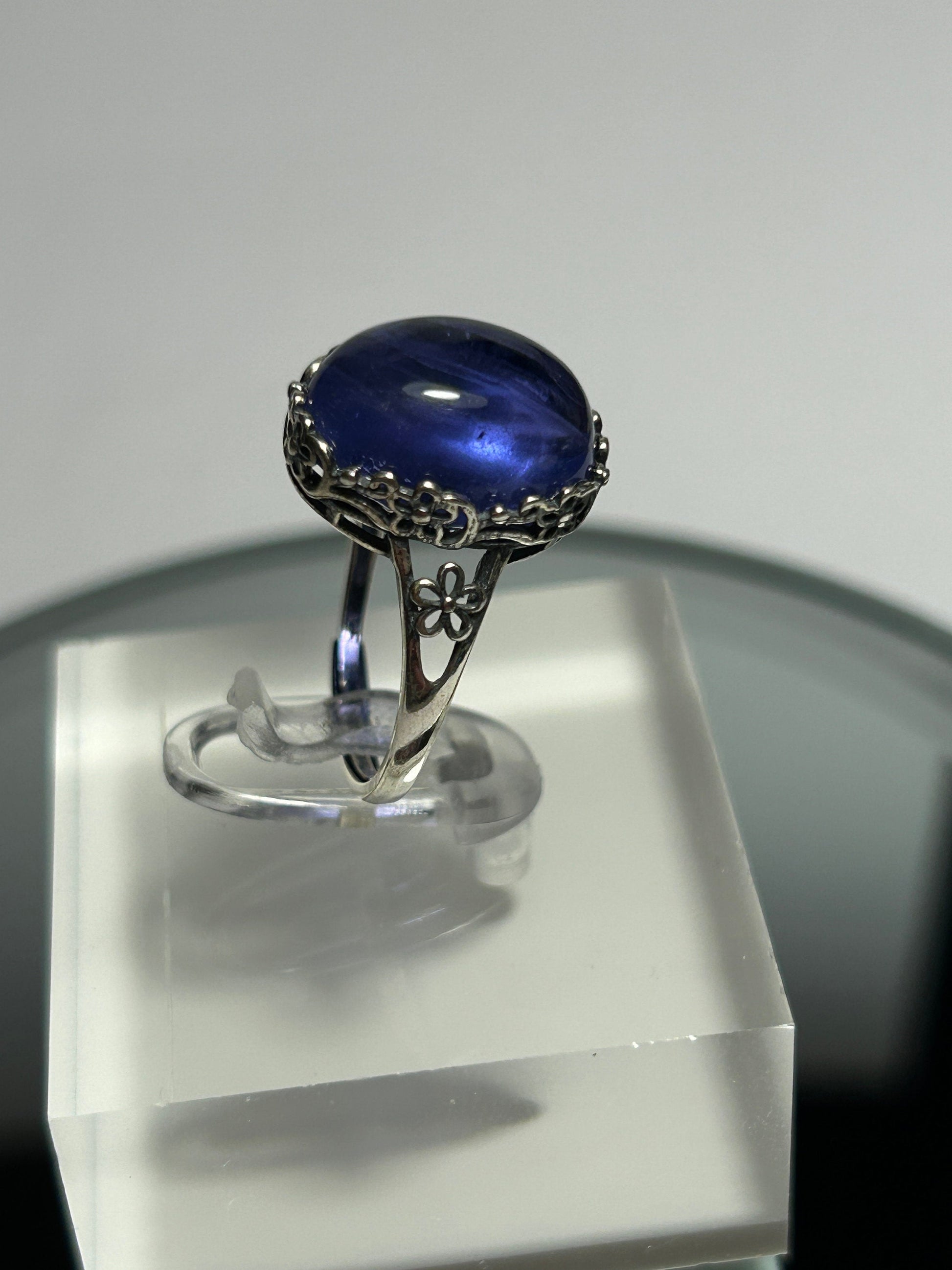 Oval Blue Fluorite Ring, 925 Sterling Silver, Adjustable Statement Jewellery Celtic Dragon Jewellery