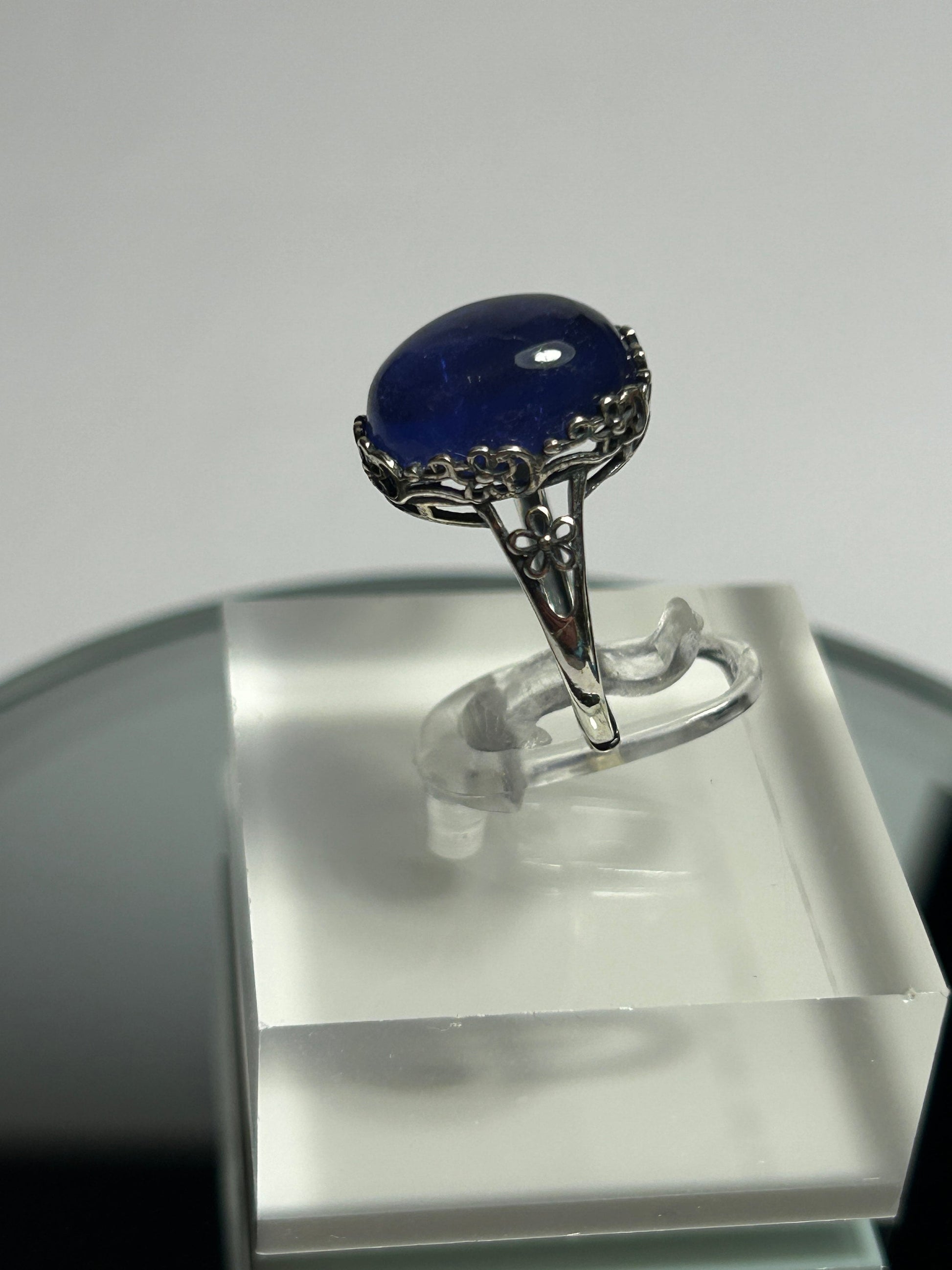 Oval Blue Fluorite Ring, 925 Sterling Silver, Adjustable Statement Jewellery Celtic Dragon Jewellery