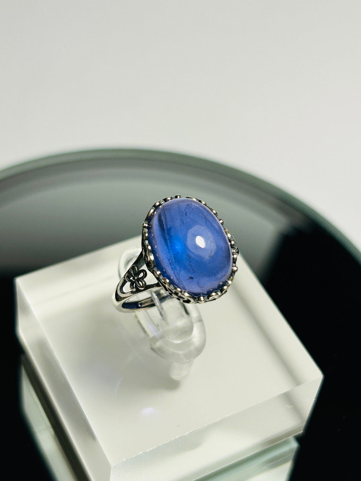 Oval Blue Fluorite Ring, 925 Sterling Silver, Adjustable Statement Jewellery Celtic Dragon Jewellery