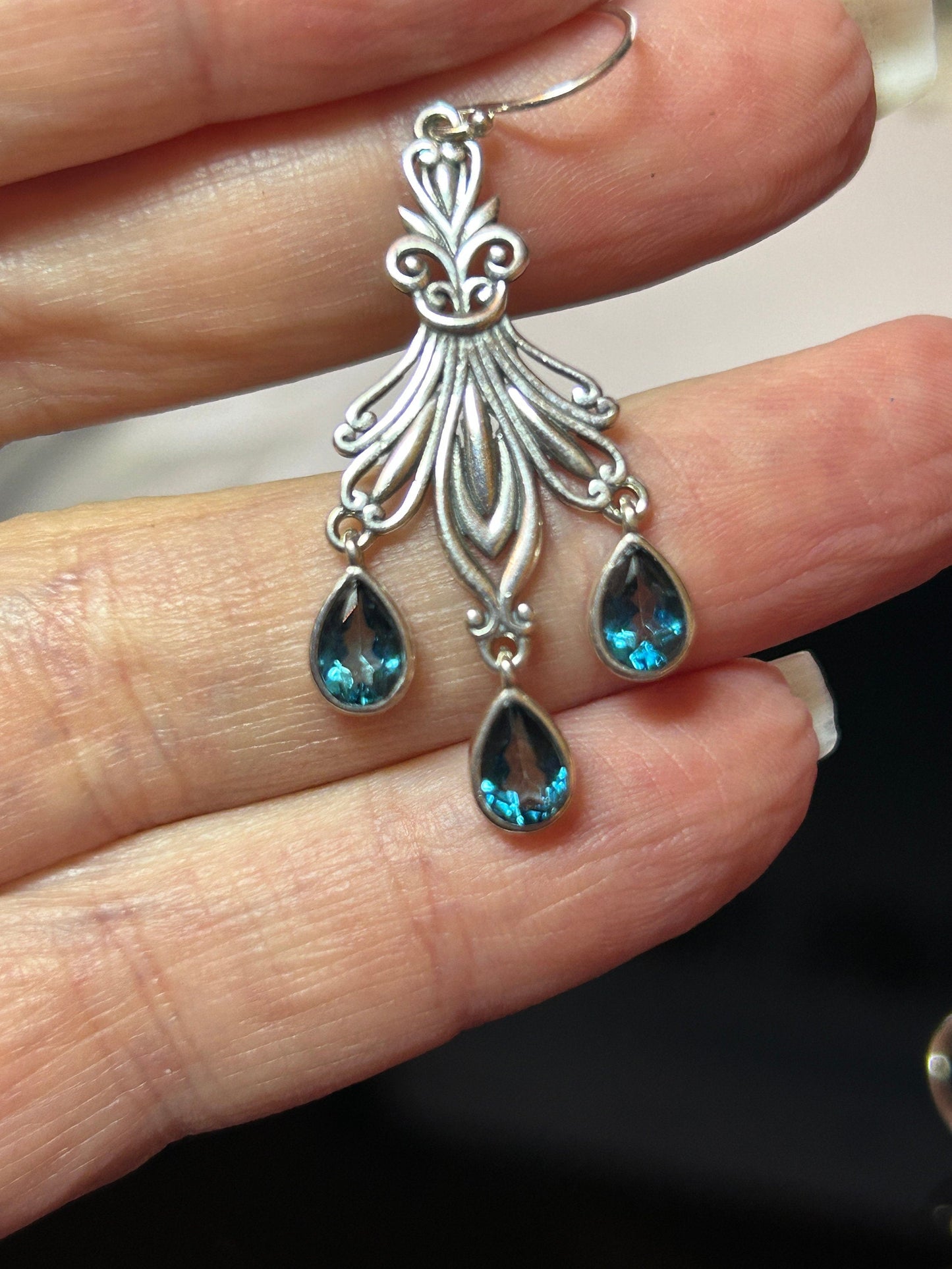 Blue Topaz Earrings: 925 Silver Floral Dangle Gemstone Jewellery Celtic Dragon Jewellery