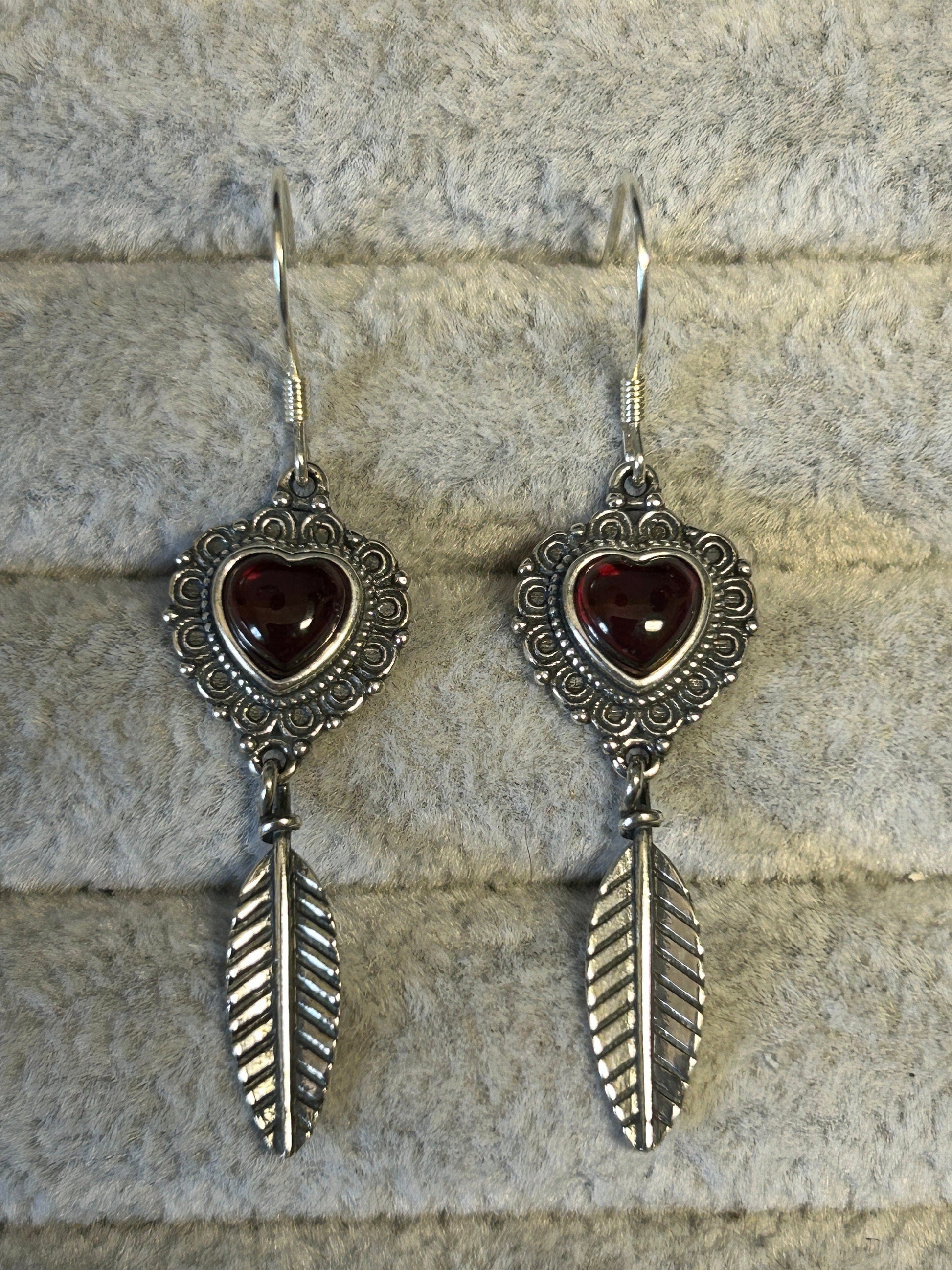 Garnet Heart & Feather Dangle Earrings - 925 Silver Gemstone Romantic Jewellery Celtic Dragon Jewellery