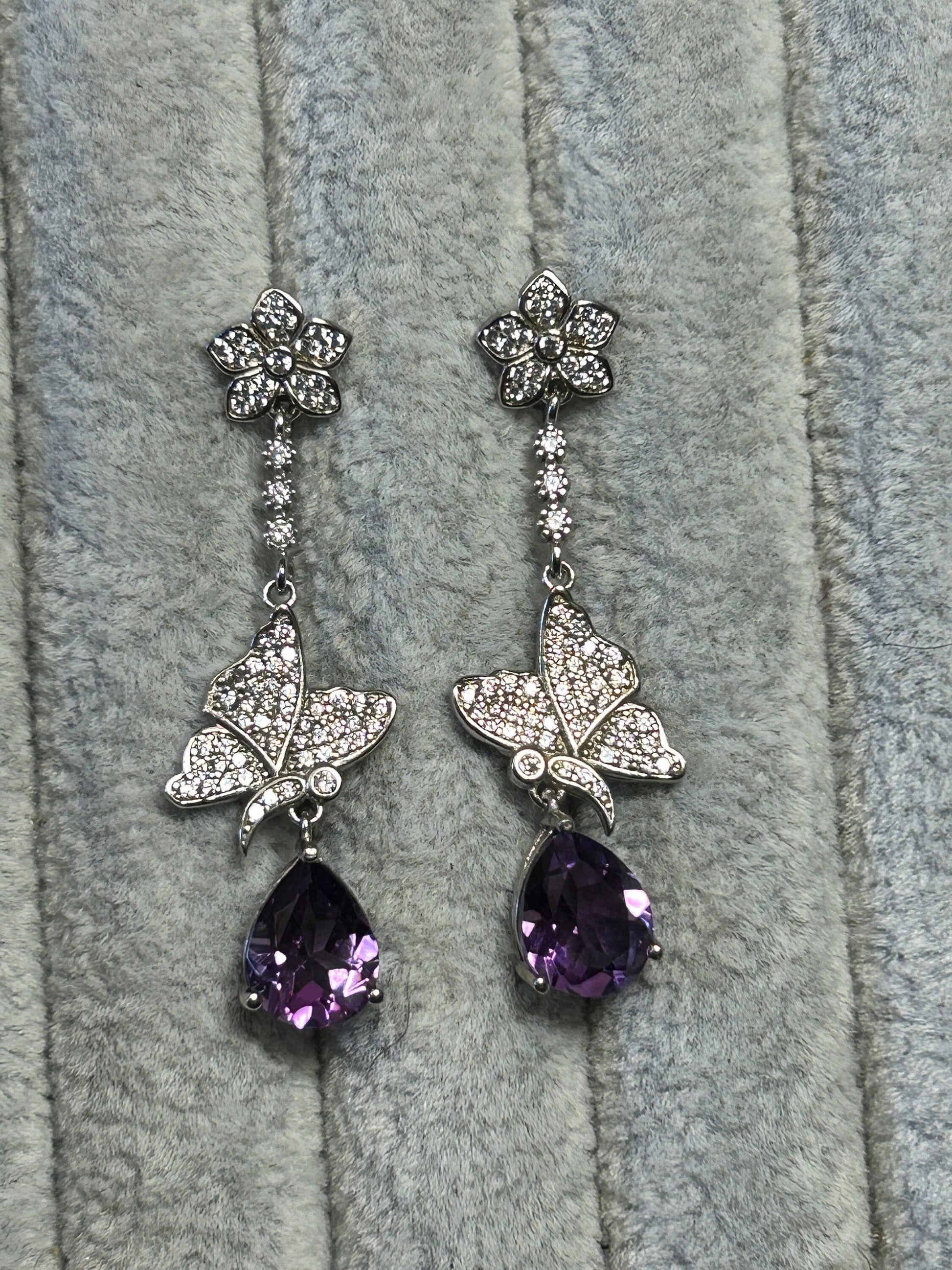 Amethyst Butterfly Dangle Earrings - Teardrop Cut 925 Sterling Silver Jewellery Celtic Dragon Jewellery