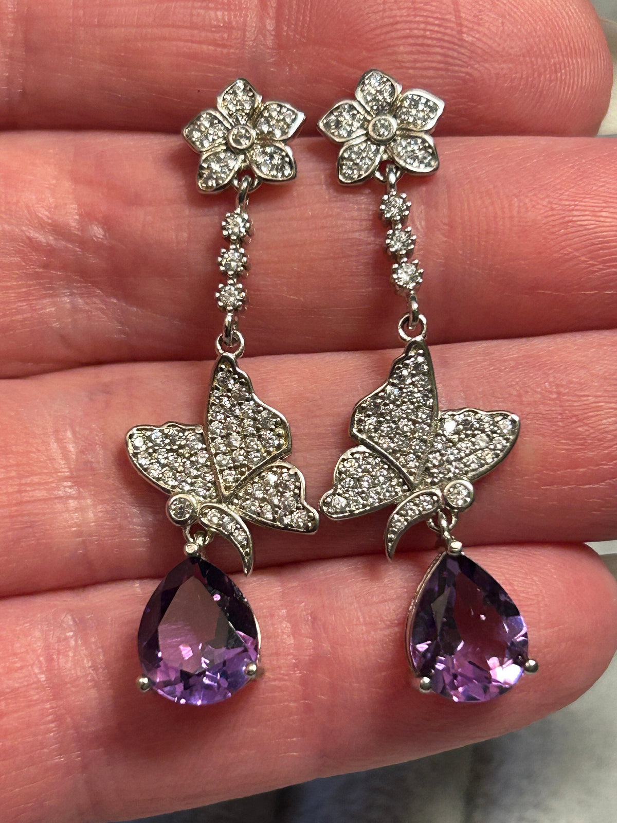 Amethyst Butterfly Dangle Earrings - Teardrop Cut 925 Sterling Silver Jewellery Celtic Dragon Jewellery