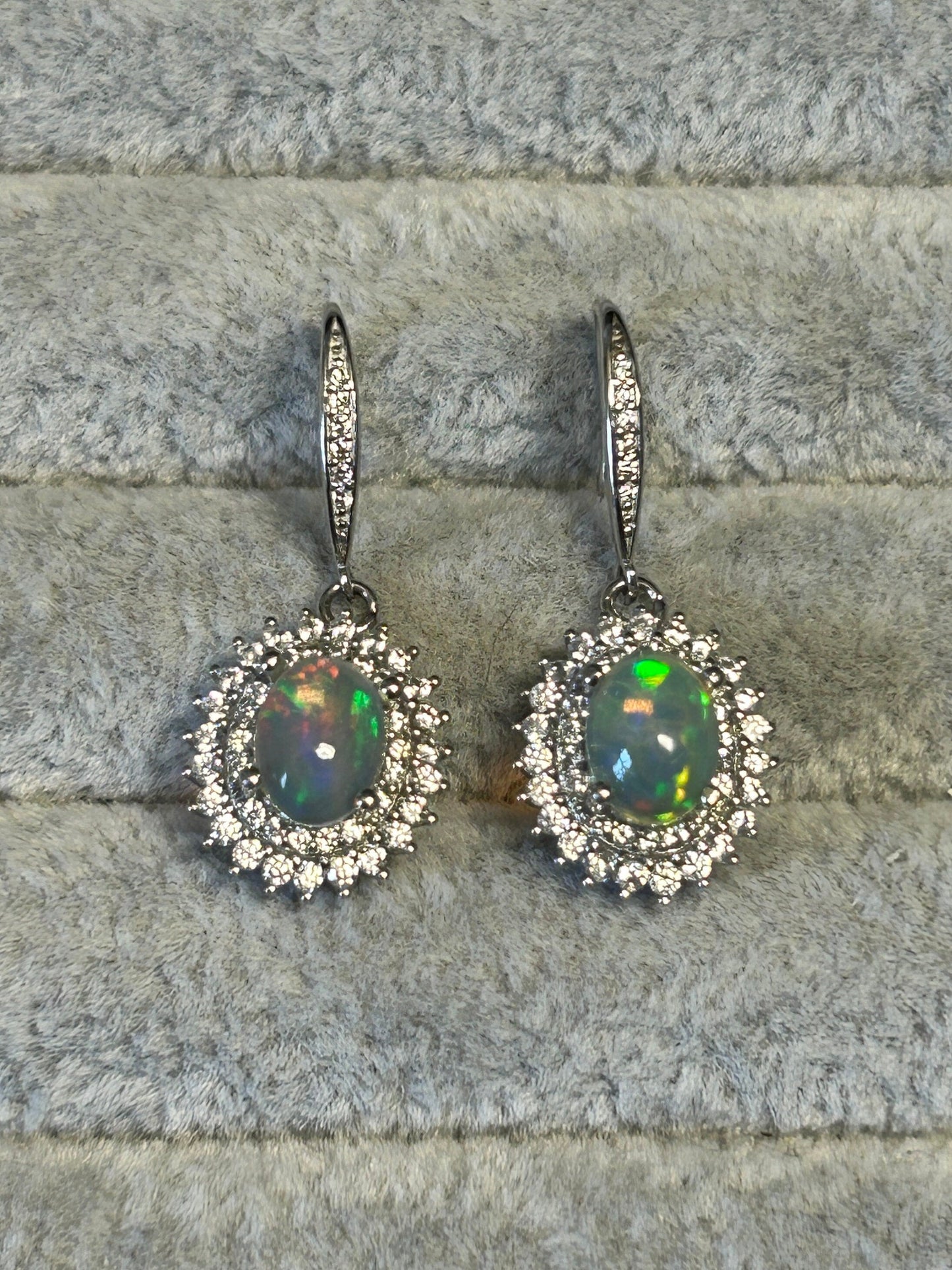 Opal Earrings With CZ Halo Surround: 925 Sterling Silver Gemstone Jewellery Celtic Dragon Jewellery