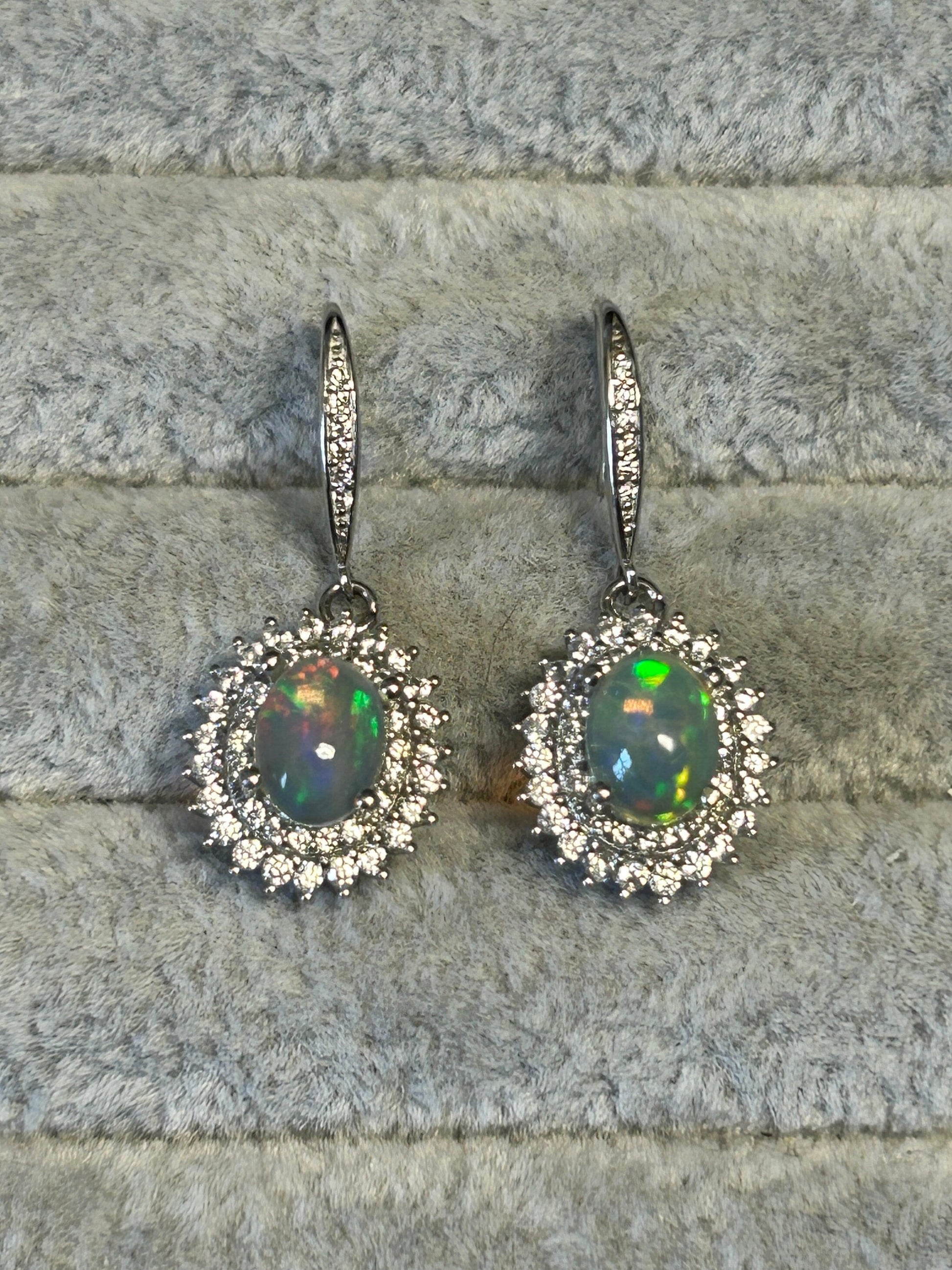 Opal Earrings With CZ Halo Surround: 925 Sterling Silver Gemstone Jewellery Celtic Dragon Jewellery