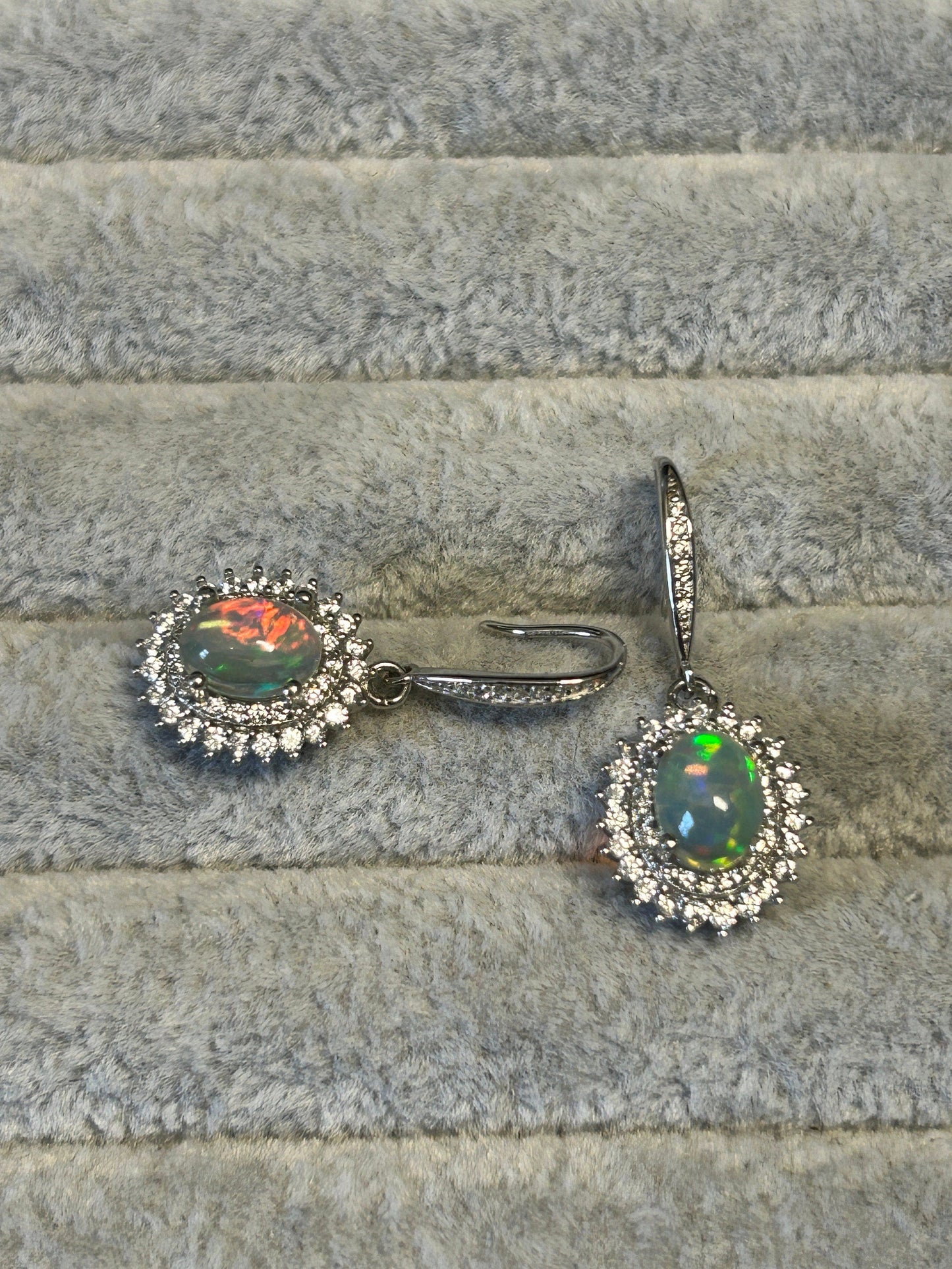 Opal Earrings With CZ Halo Surround: 925 Sterling Silver Gemstone Jewellery Celtic Dragon Jewellery
