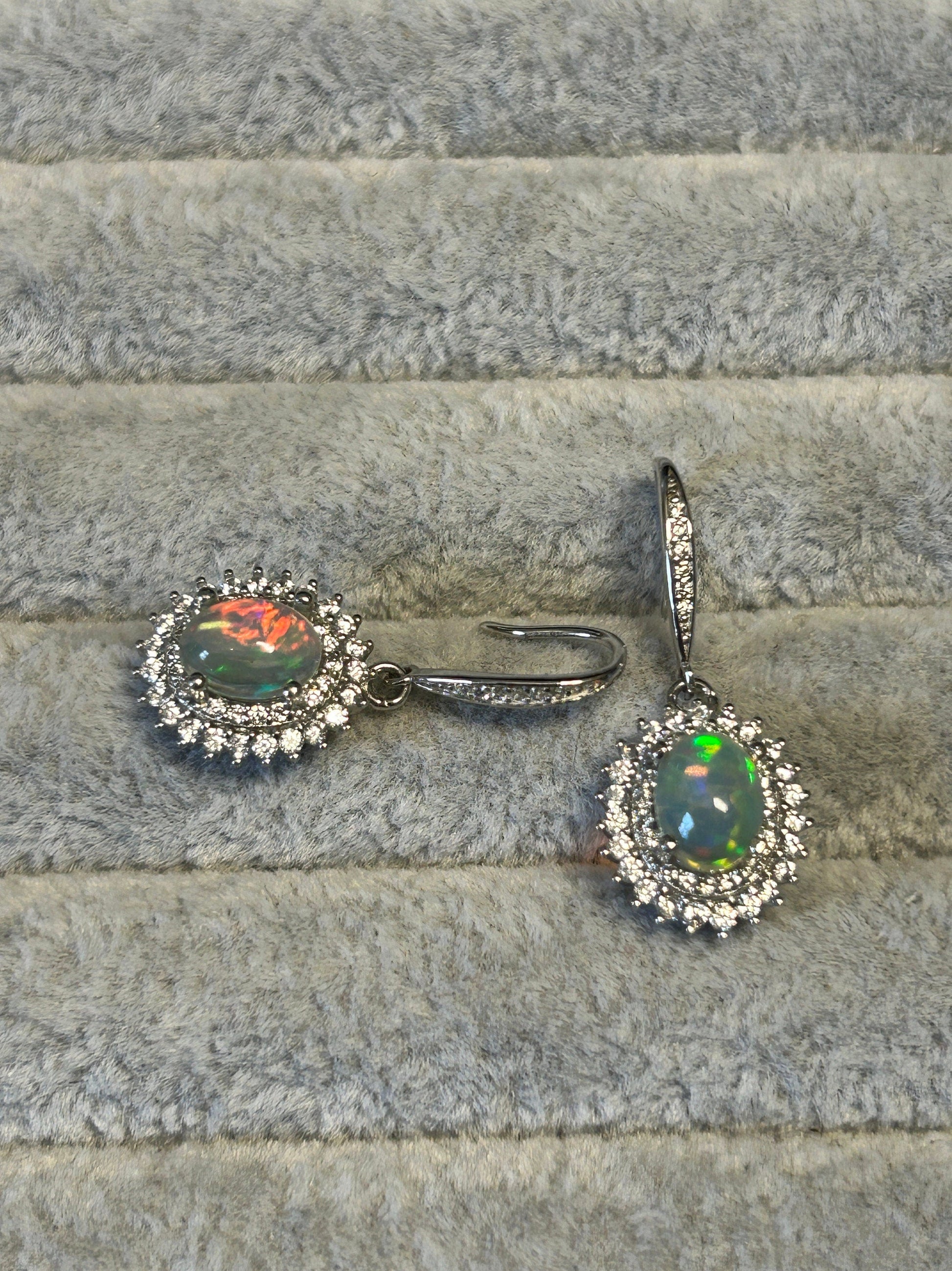 Opal Earrings With CZ Halo Surround: 925 Sterling Silver Gemstone Jewellery Celtic Dragon Jewellery