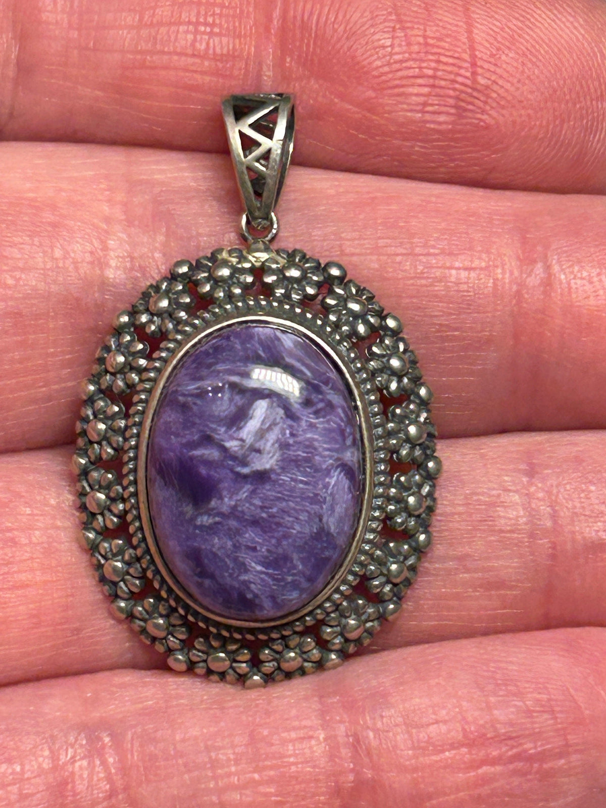 Charoite Pendant With Floral Halo - 925 Sterling Silver - Purple Gothic Jewellery Celtic Dragon Jewellery
