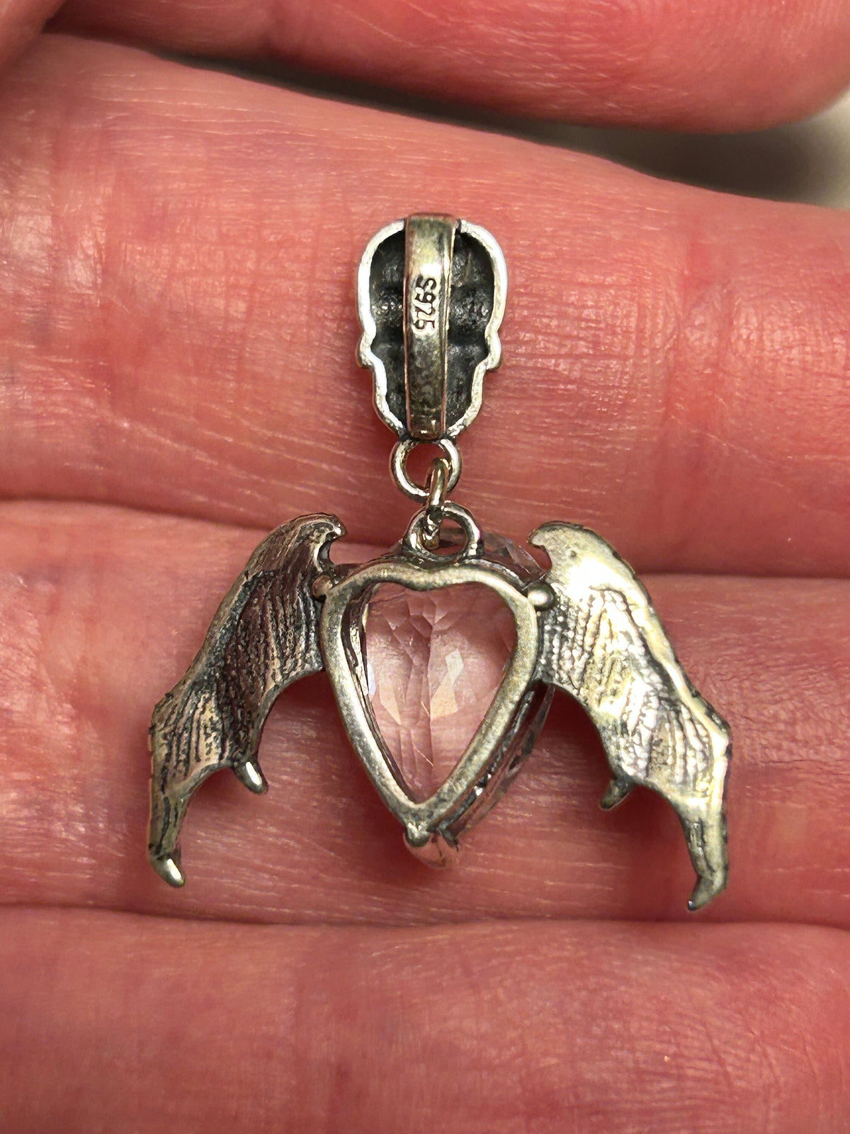 Skull Bat Pendant with Quartz Crystal in 925 Sterling Silver - Gothic Statement Jewellery