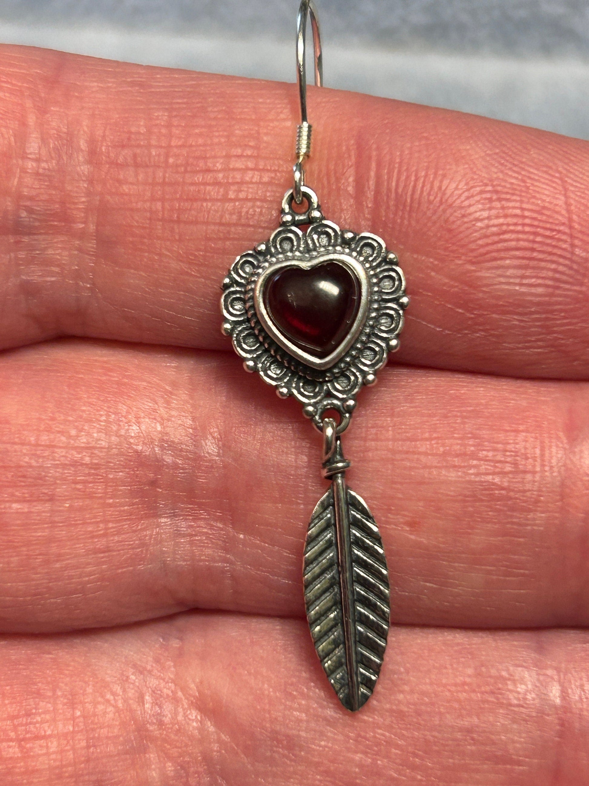 Garnet Heart & Feather Dangle Earrings - 925 Silver Gemstone Romantic Jewellery Celtic Dragon Jewellery