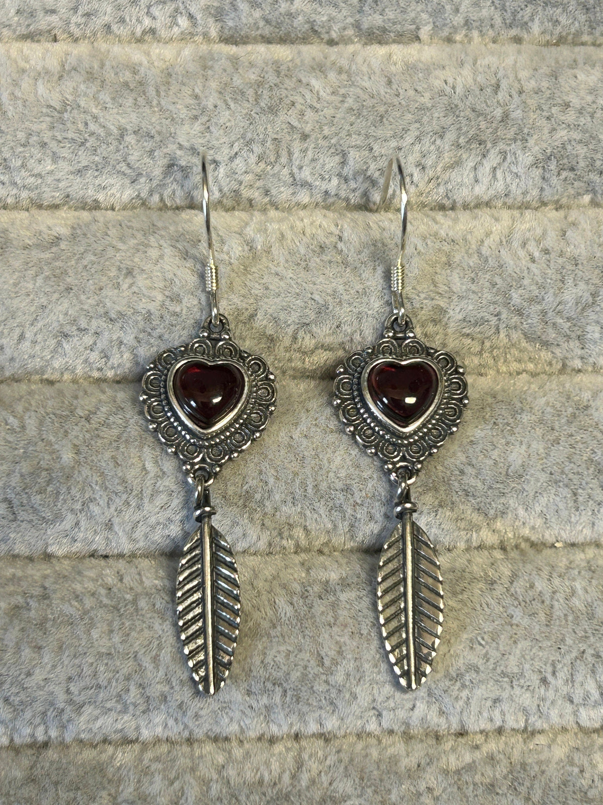 Garnet Heart & Feather Dangle Earrings - 925 Silver Gemstone Romantic Jewellery Celtic Dragon Jewellery