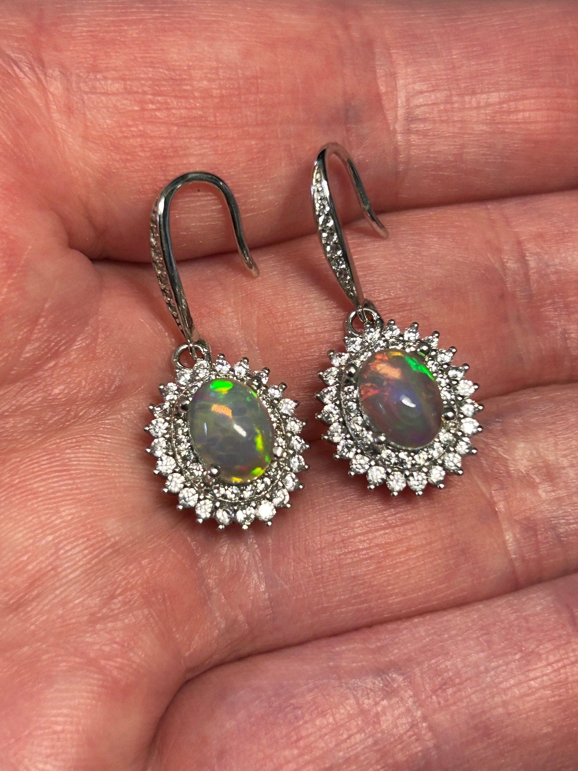 Opal Earrings With CZ Halo Surround: 925 Sterling Silver Gemstone Jewellery Celtic Dragon Jewellery