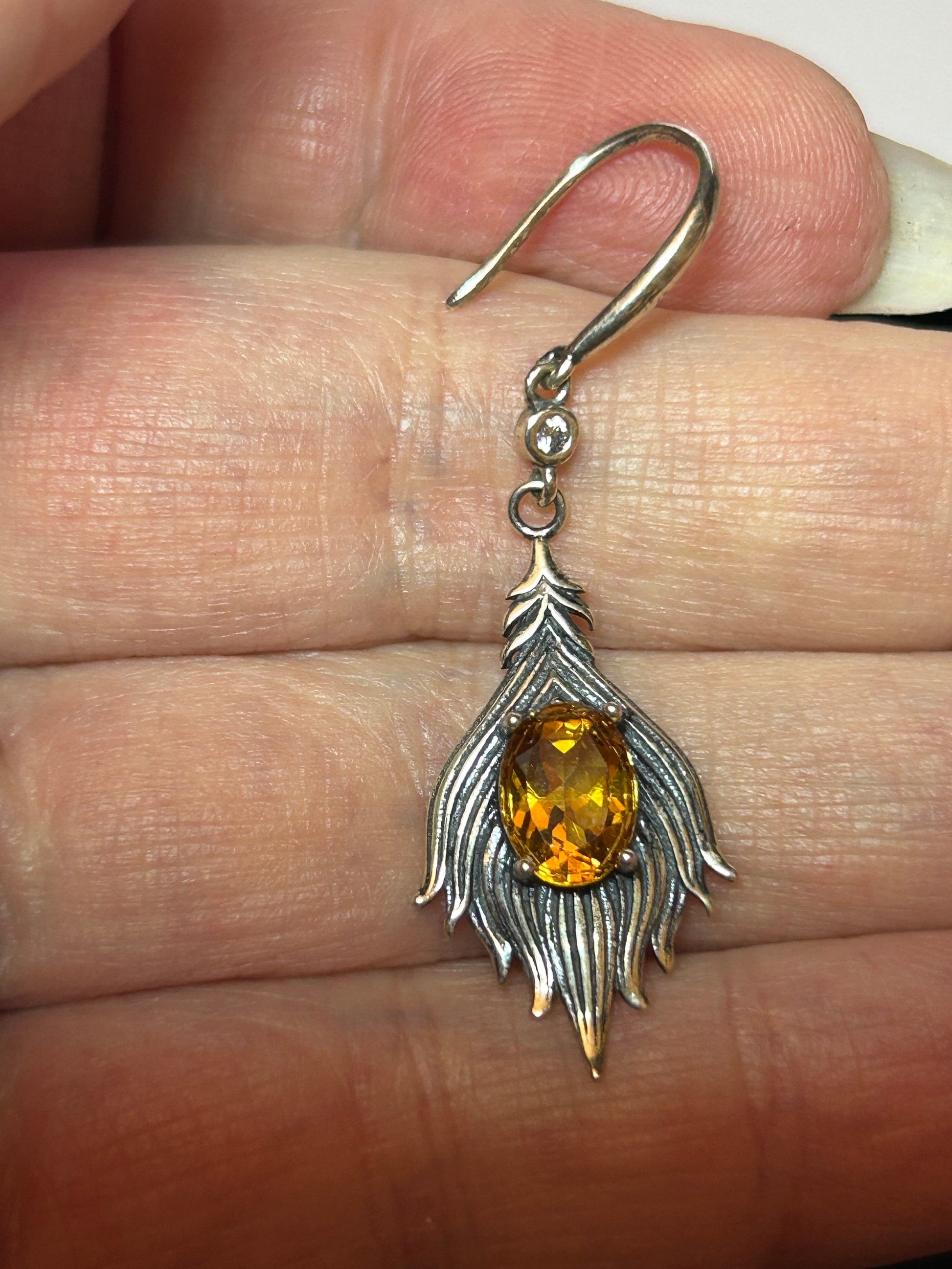 Citrine Feather Earrings in 925 Sterling Silver - Reduced Price Celtic Dragon Jewellery