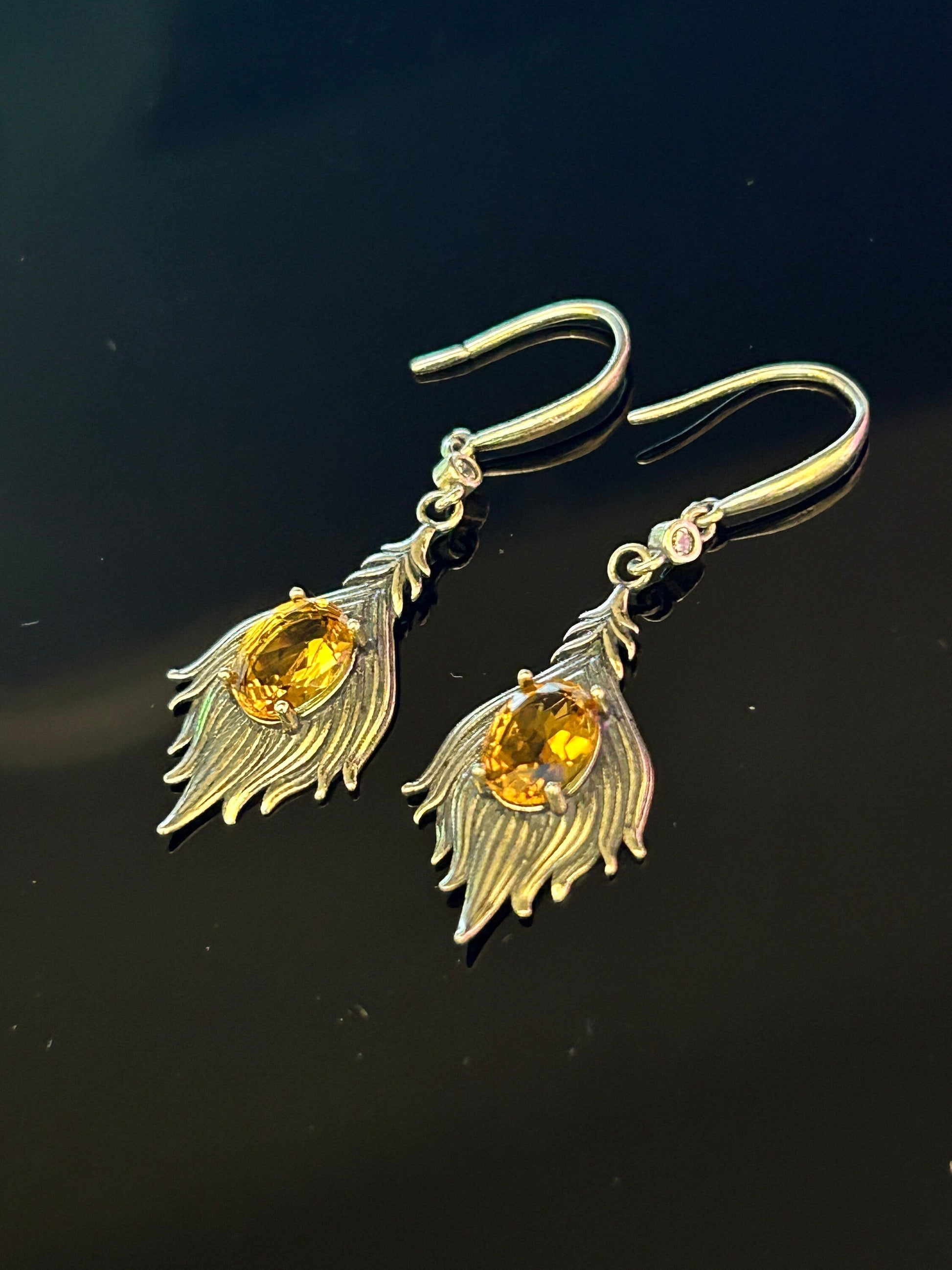 Citrine Feather Earrings in 925 Sterling Silver - Reduced Price Celtic Dragon Jewellery