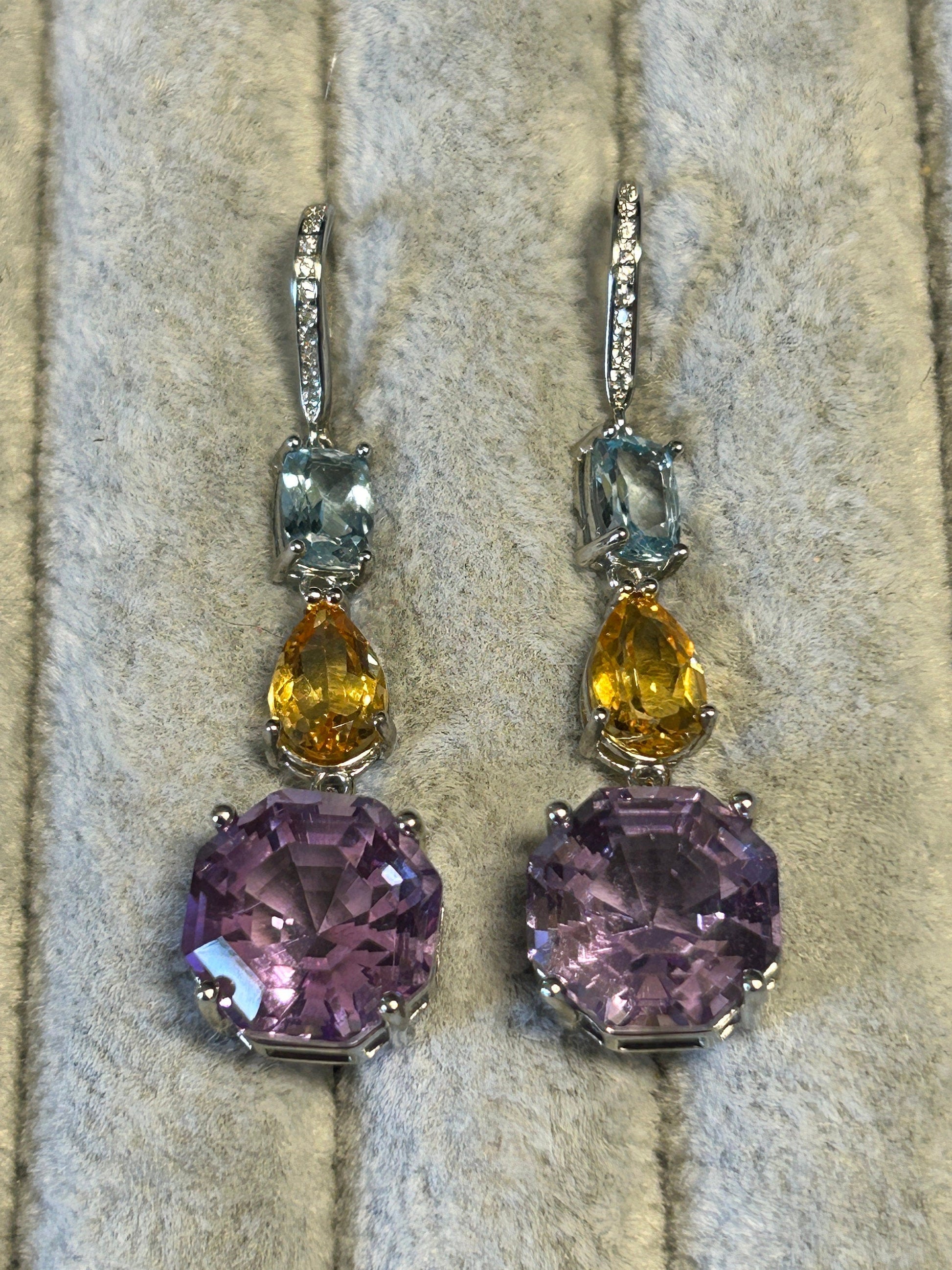 Amethyst Citrine & Blue Topaz Dangle Earrings - 925 Sterling Silver Mixed Gemstone Jewellery Celtic Dragon Jewellery