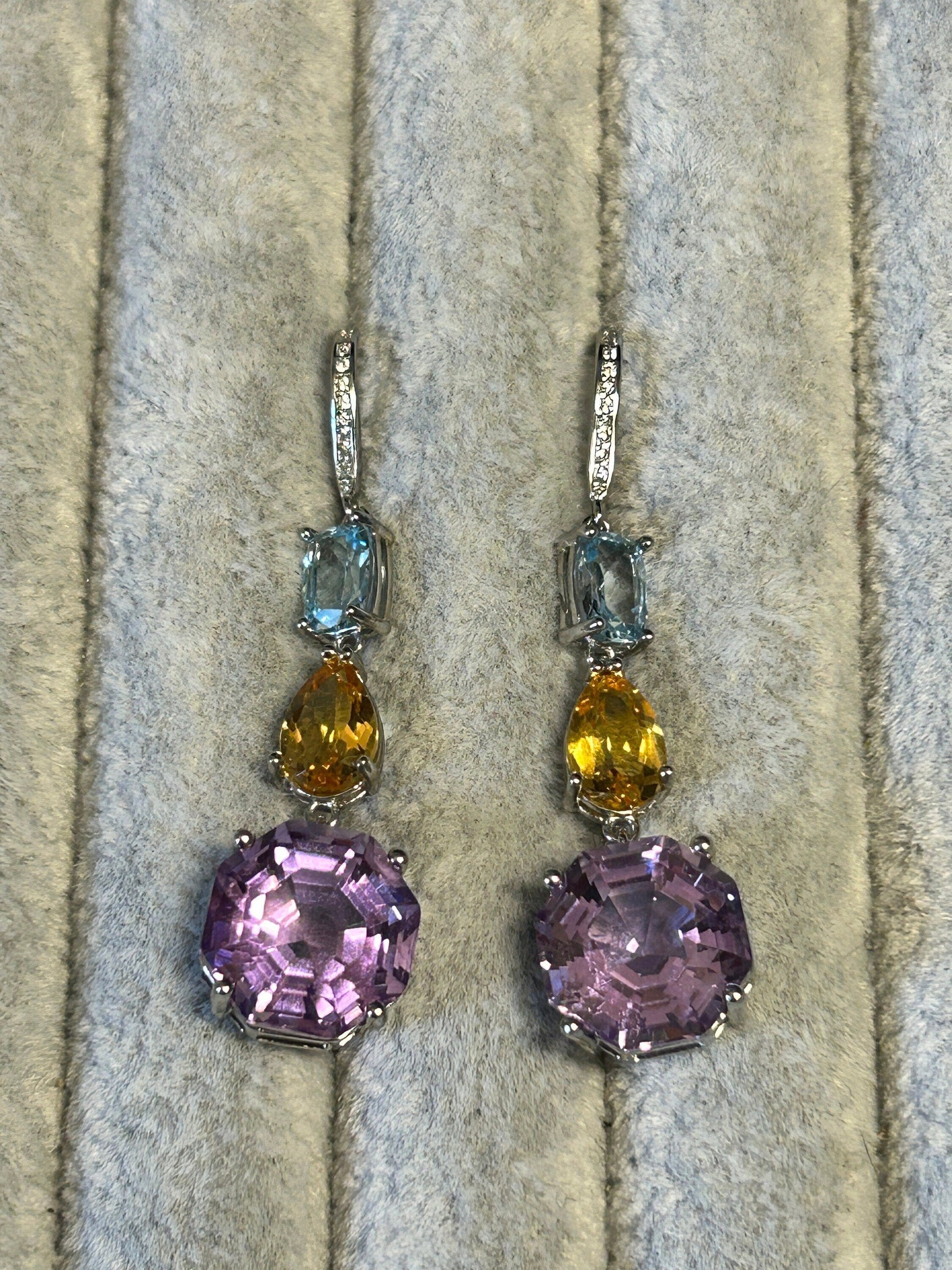 Amethyst Citrine & Blue Topaz Dangle Earrings - 925 Sterling Silver Mixed Gemstone Jewellery Celtic Dragon Jewellery