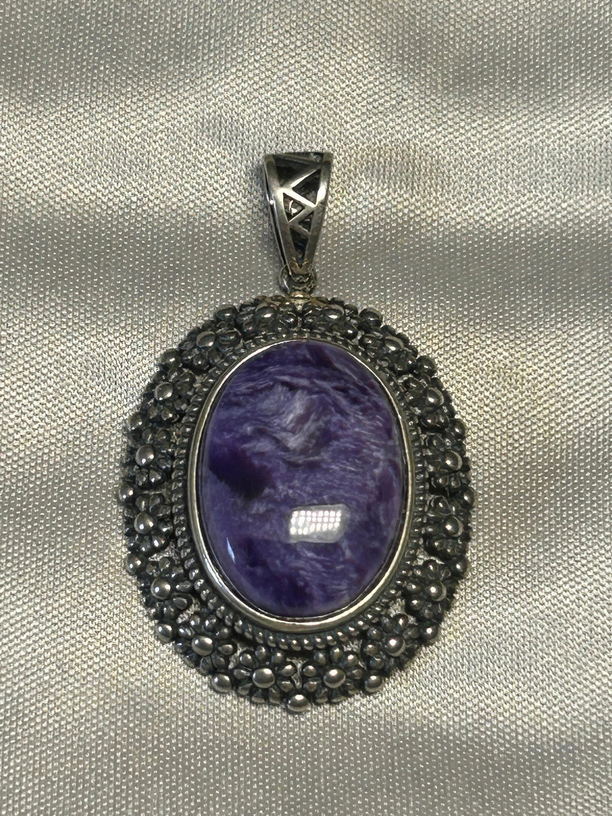 Charoite Pendant With Floral Halo - 925 Sterling Silver - Purple Gothic Jewellery Celtic Dragon Jewellery