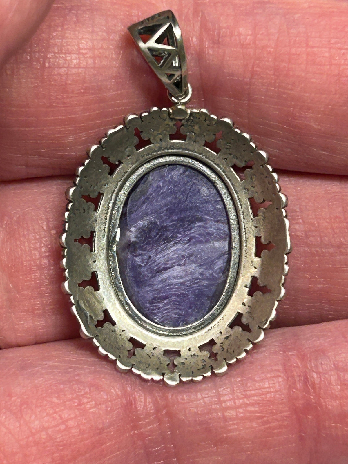 Charoite Pendant With Floral Halo - 925 Sterling Silver - Purple Gothic Jewellery Celtic Dragon Jewellery