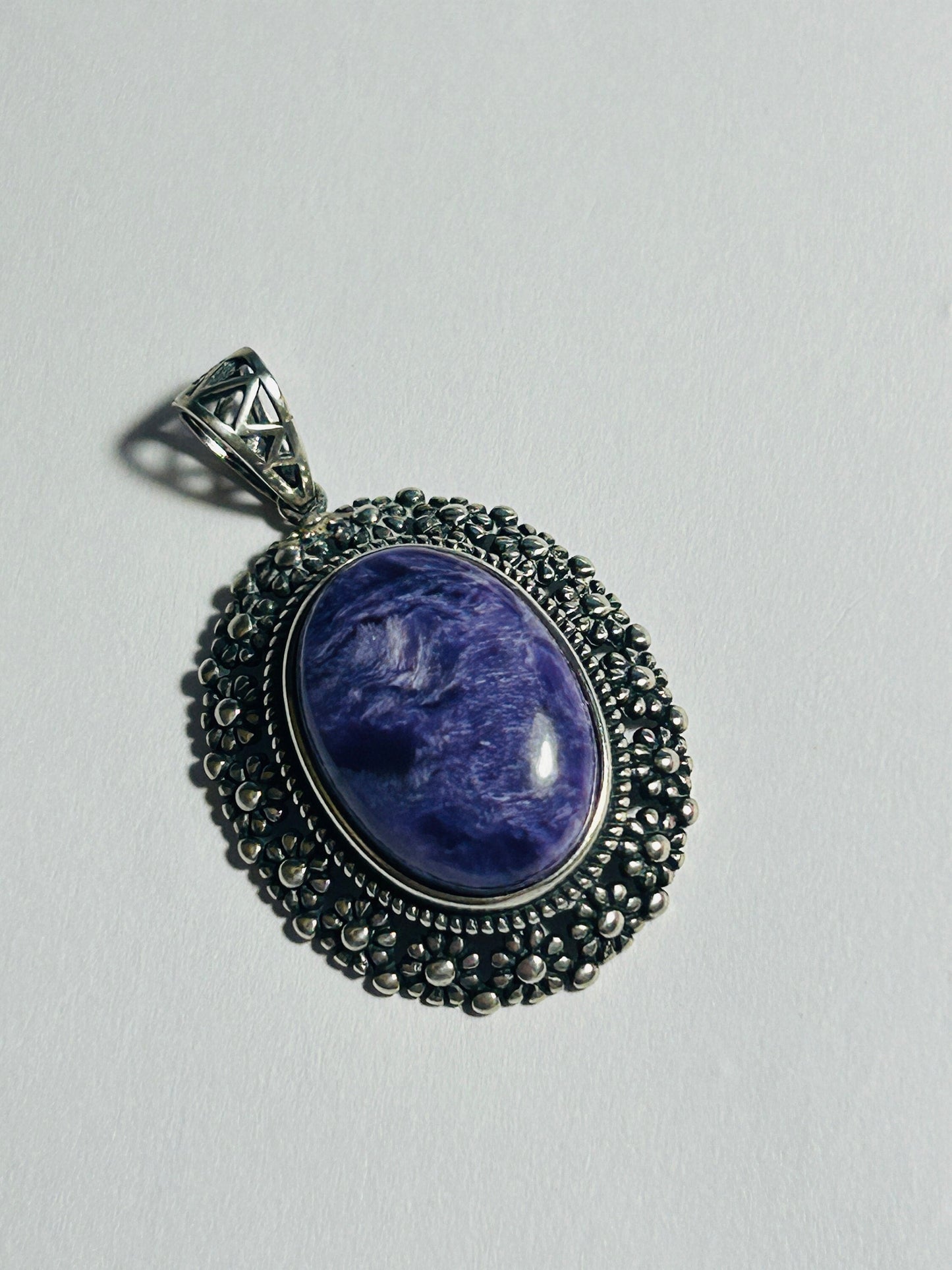 Charoite Pendant With Floral Halo - 925 Sterling Silver - Purple Gothic Jewellery Celtic Dragon Jewellery