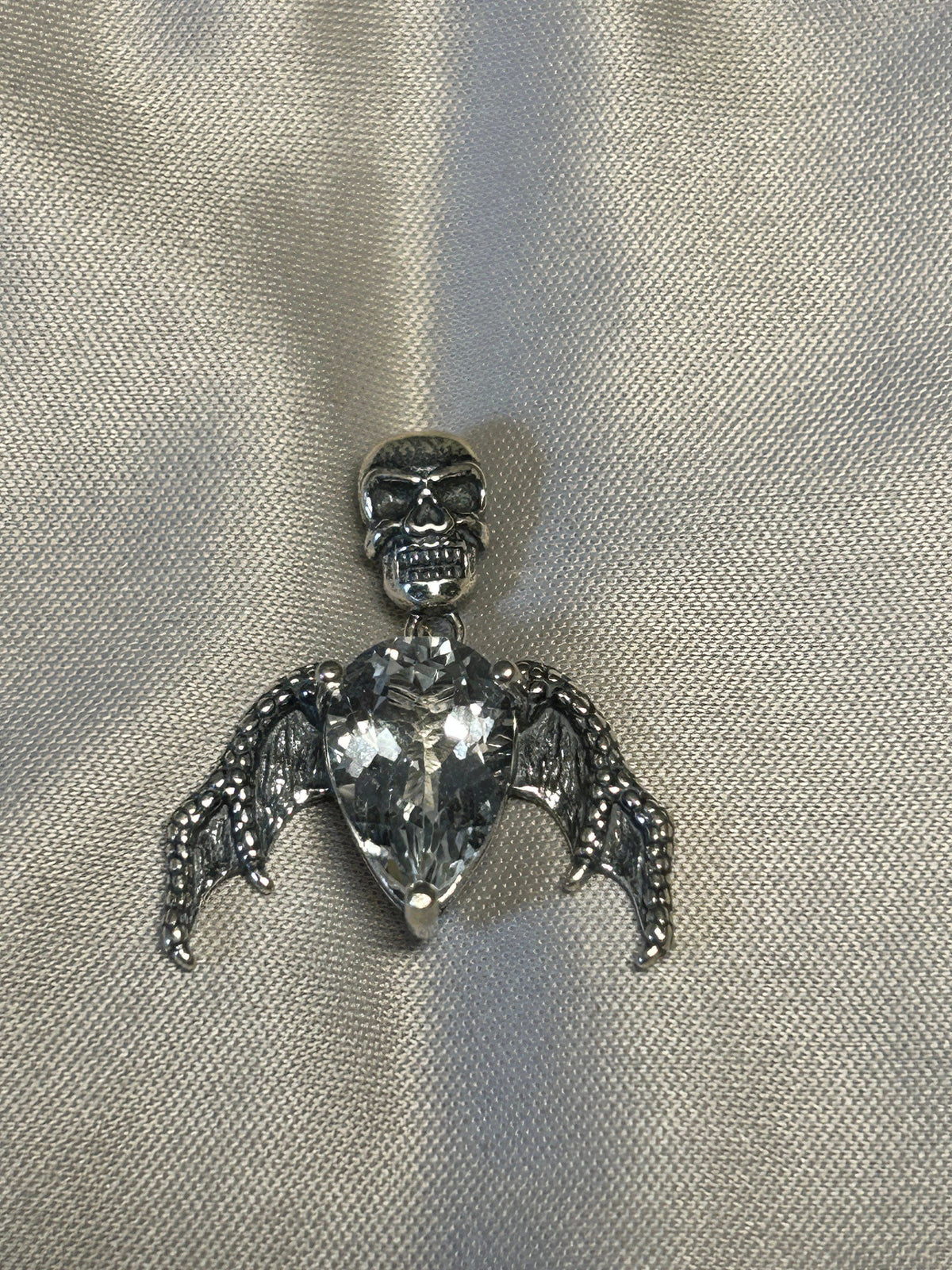 Skull Bat Pendant with Quartz Crystal in 925 Sterling Silver - Gothic Statement Jewellery Celtic Dragon Jewellery