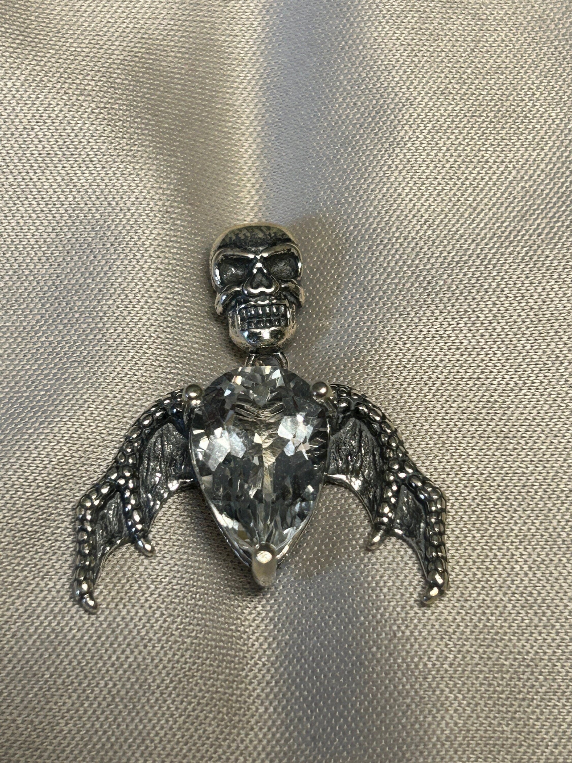Skull Bat Pendant with Quartz Crystal in 925 Sterling Silver - Gothic Statement Jewellery Celtic Dragon Jewellery
