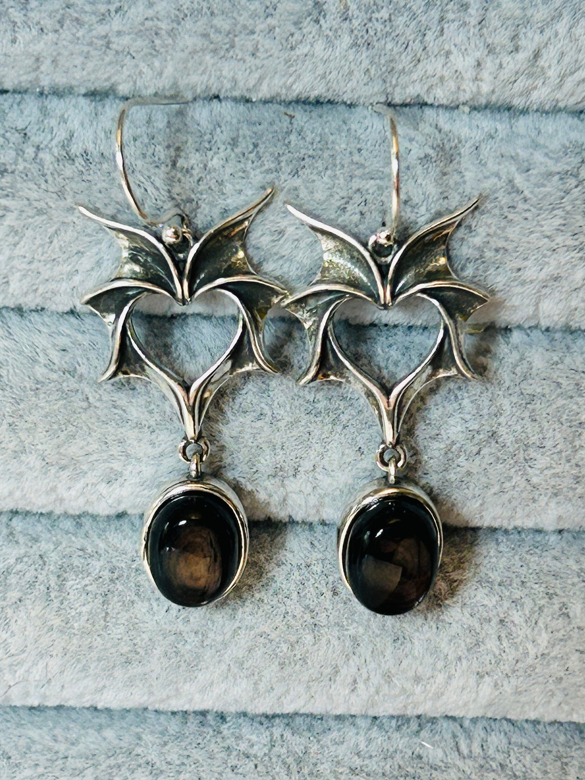 Bat Dangle Earrings with Hypersthene in 925 Sterling Silver - Gothic Vampire Jewellery Celtic Dragon Jewellery