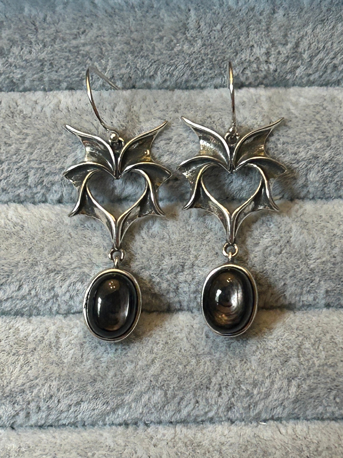 Bat Dangle Earrings with Hypersthene in 925 Sterling Silver - Gothic Vampire Jewellery Celtic Dragon Jewellery