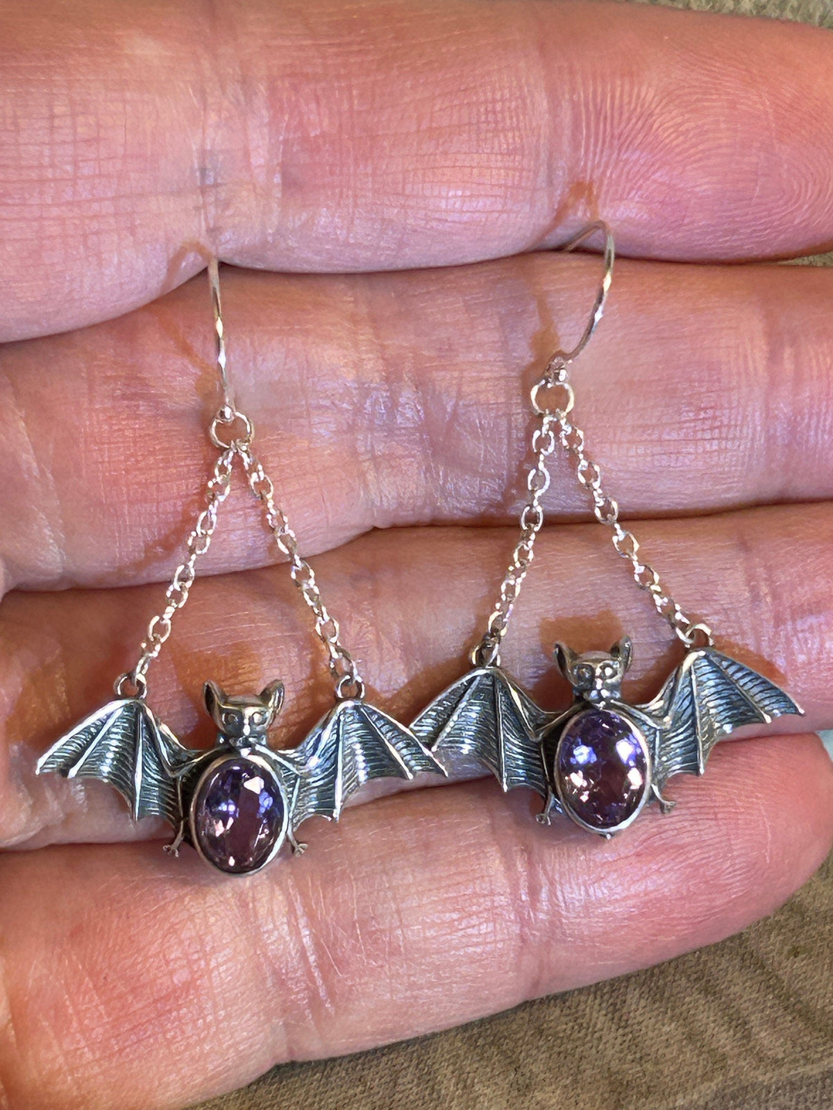 Bat Dangle Earrings with Amethyst in 925 Sterling Silver - Goth Jewellery Celtic Dragon Jewellery