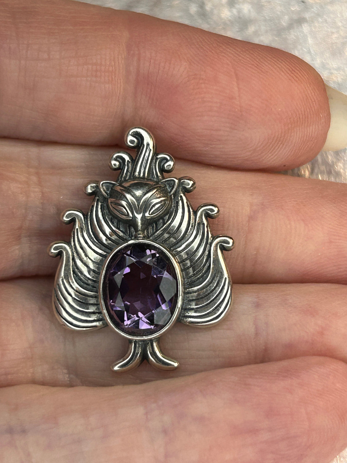 Nine-Tailed Fox Pendant with Amethyst in 925 Sterling Silver - Kitsune Jewellery