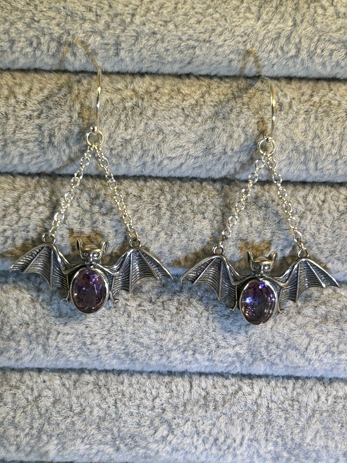 Bat Dangle Earrings with Amethyst in 925 Sterling Silver - Goth Jewellery Celtic Dragon Jewellery