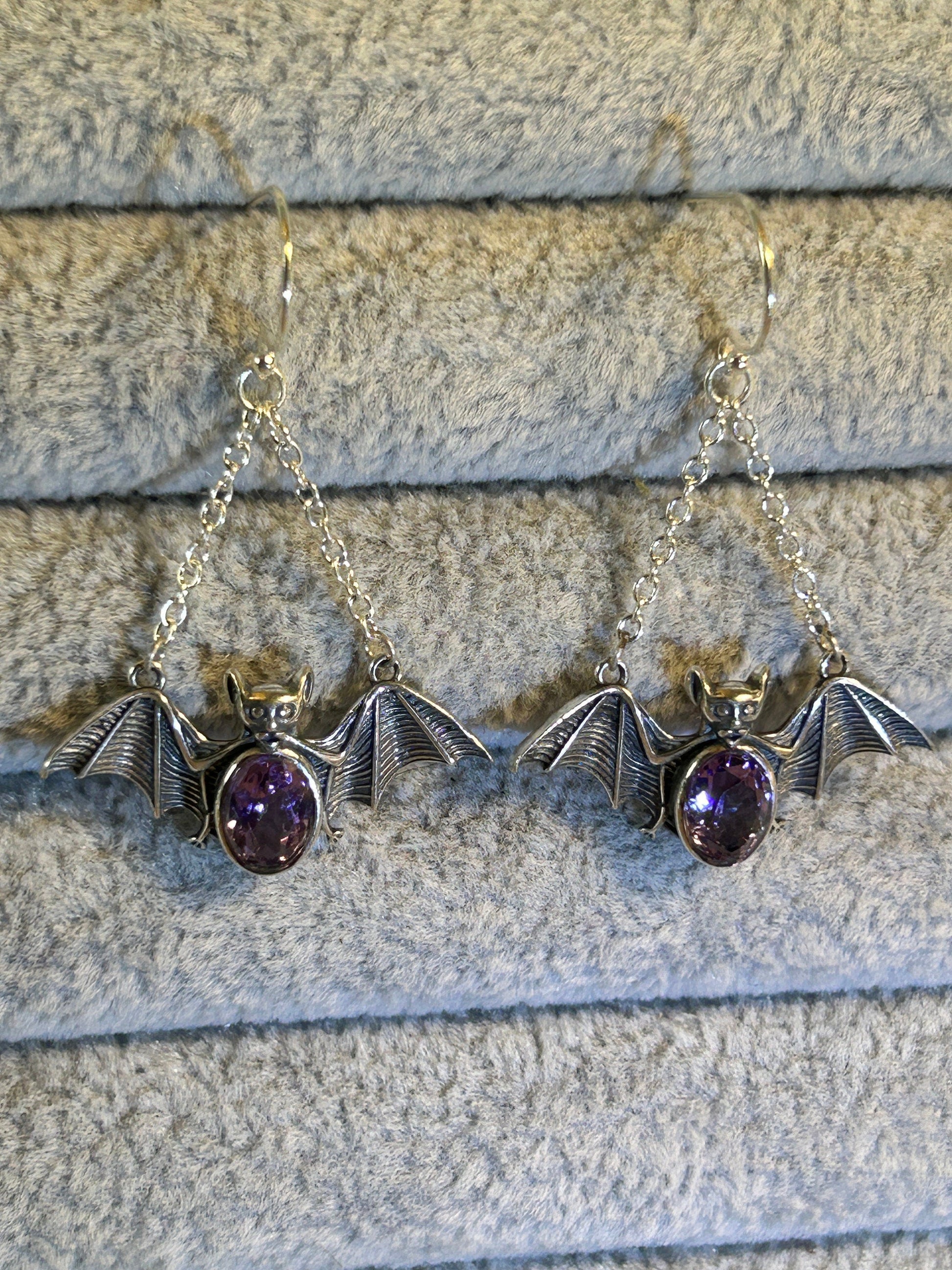 Bat Dangle Earrings with Amethyst in 925 Sterling Silver - Goth Jewellery Celtic Dragon Jewellery