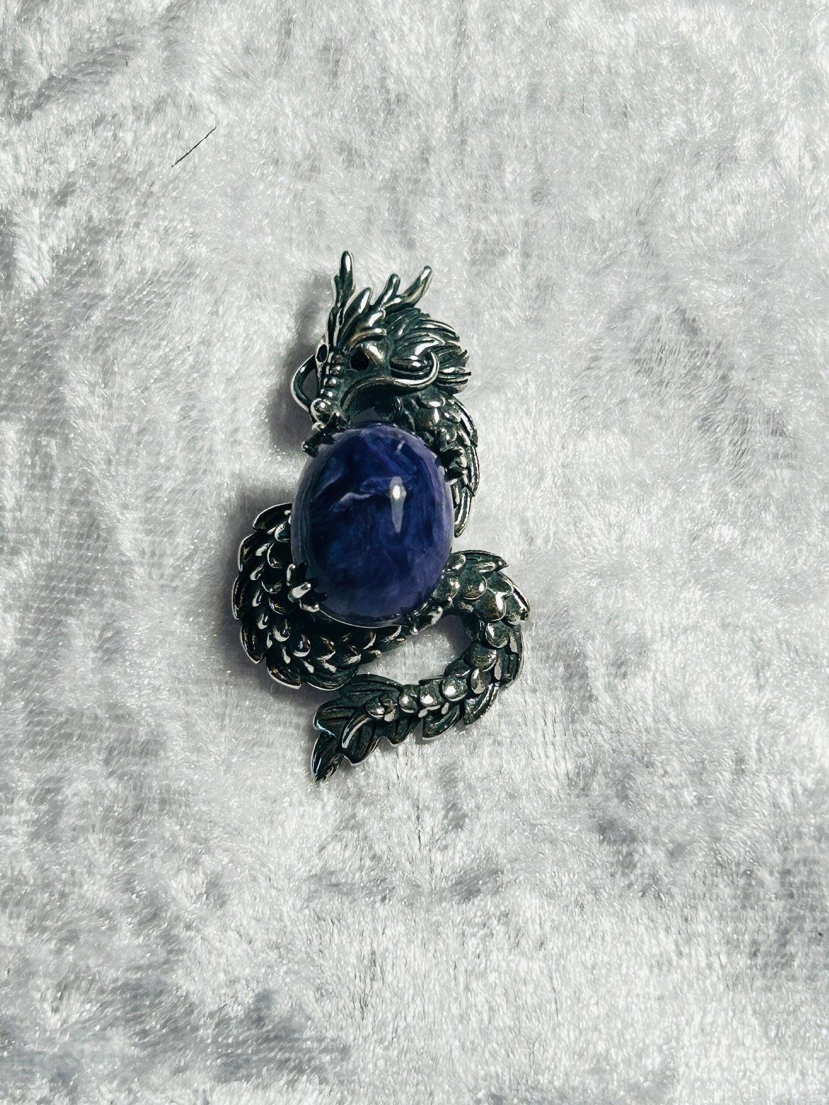 Charoite Dragon Pendant in 925 Sterling Silver - Aged Dark Fantasy Mythical Creature Amulet Celtic Dragon Jewellery