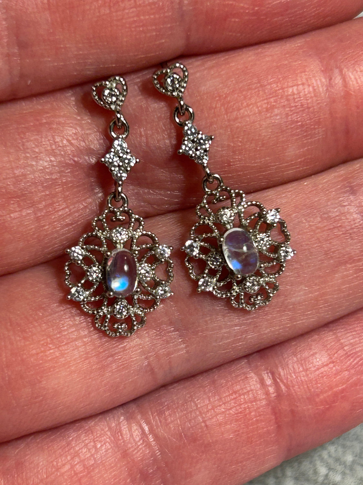 Moonstone Dangle Earrings in 925 Sterling Silver with CZ Accents