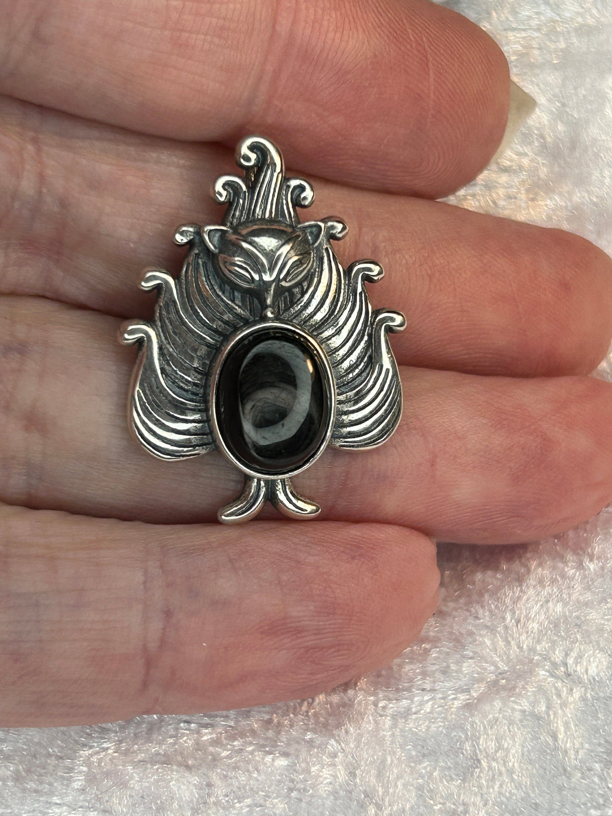 9 Tail Fox Pendant with Hypersthene in 925 Sterling Silver - Kitsune Jewellery Celtic Dragon Jewellery