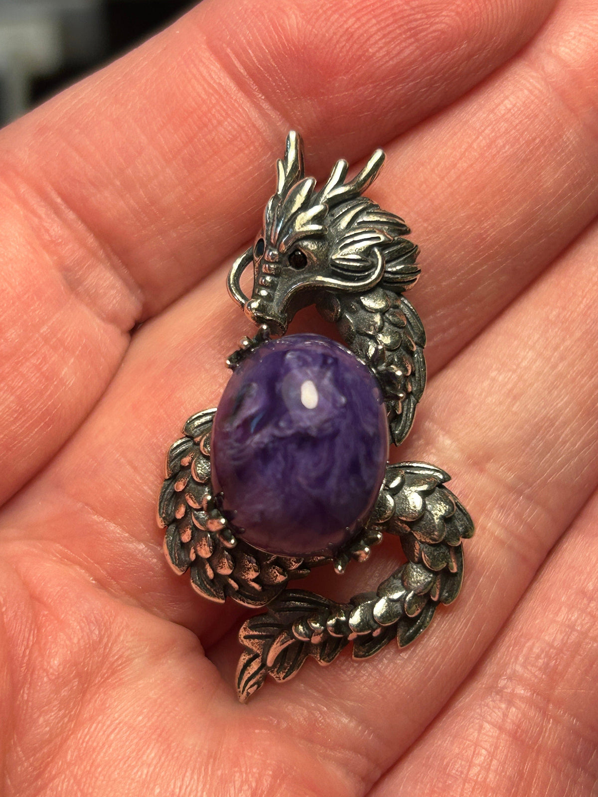 Charoite Dragon Pendant in 925 Sterling Silver - Aged Dark Fantasy Mythical Creature Amulet Celtic Dragon Jewellery