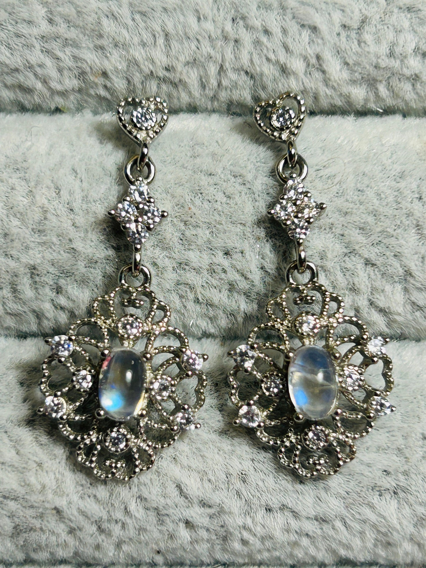 Moonstone Dangle Earrings in 925 Sterling Silver with CZ Accents
