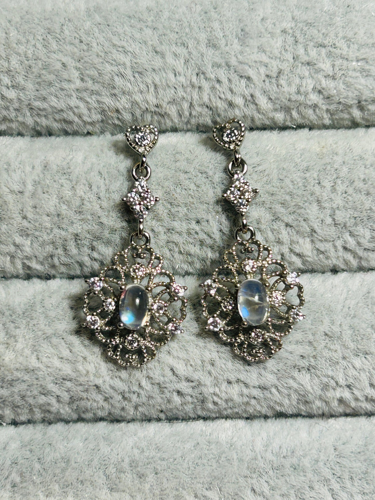Moonstone Dangle Earrings in 925 Sterling Silver with CZ Accents