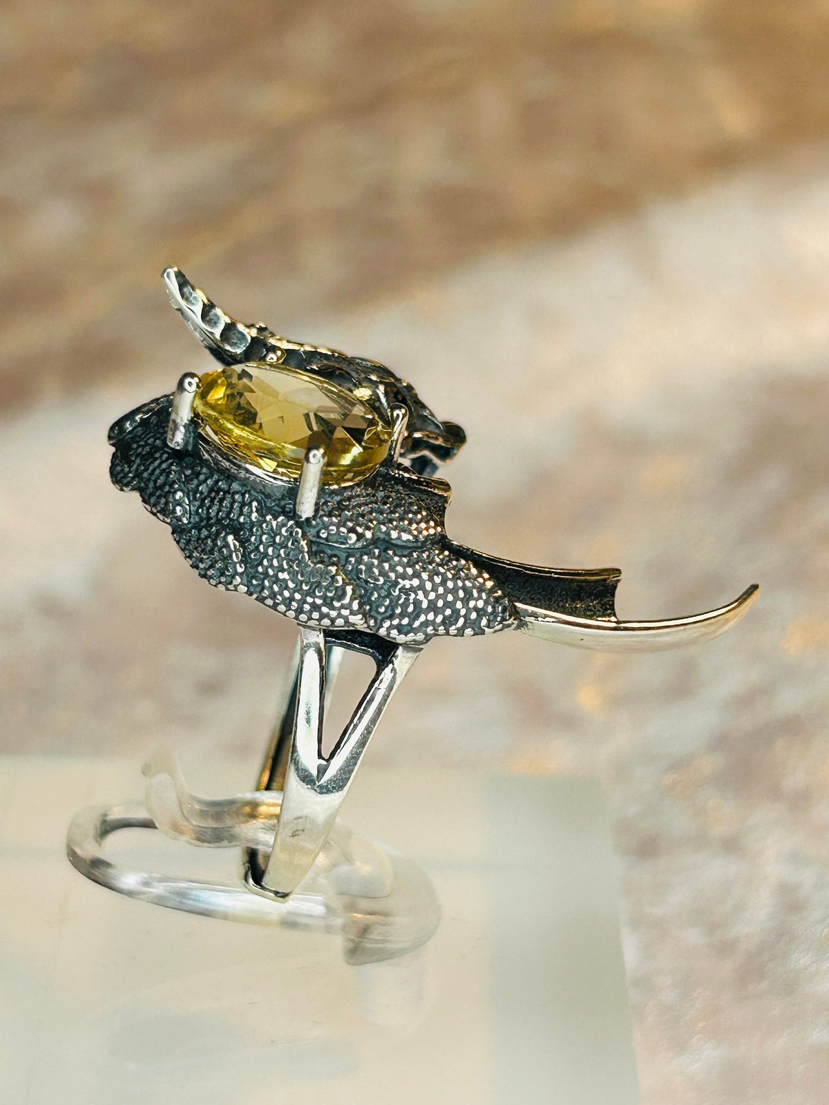 Dragon Ring with Citrine - 925 Sterling Silver - Adjustable Gothic Statement Jewellery Celtic Dragon Jewellery