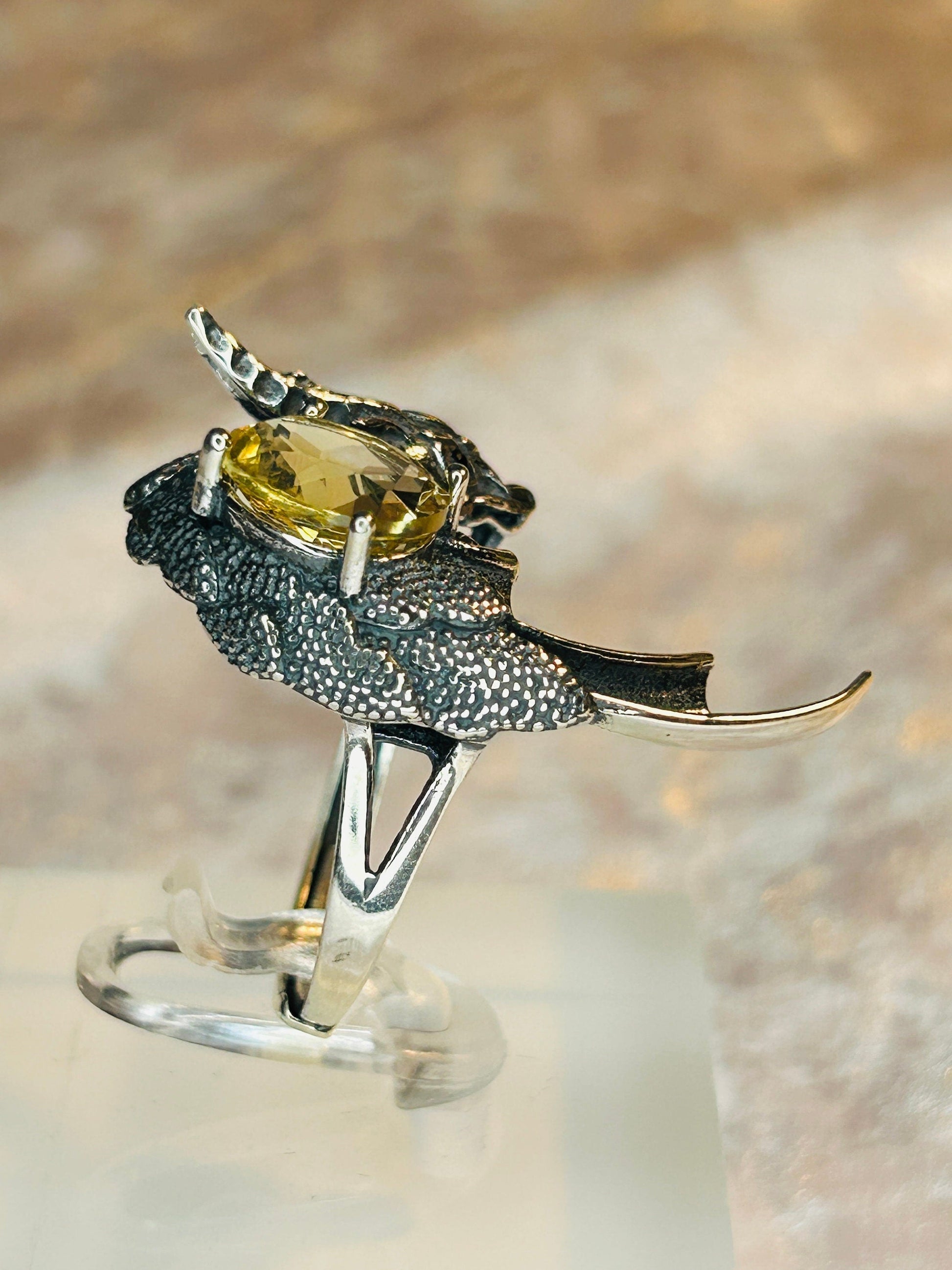 Dragon Ring with Citrine - 925 Sterling Silver - Adjustable Gothic Statement Jewellery Celtic Dragon Jewellery