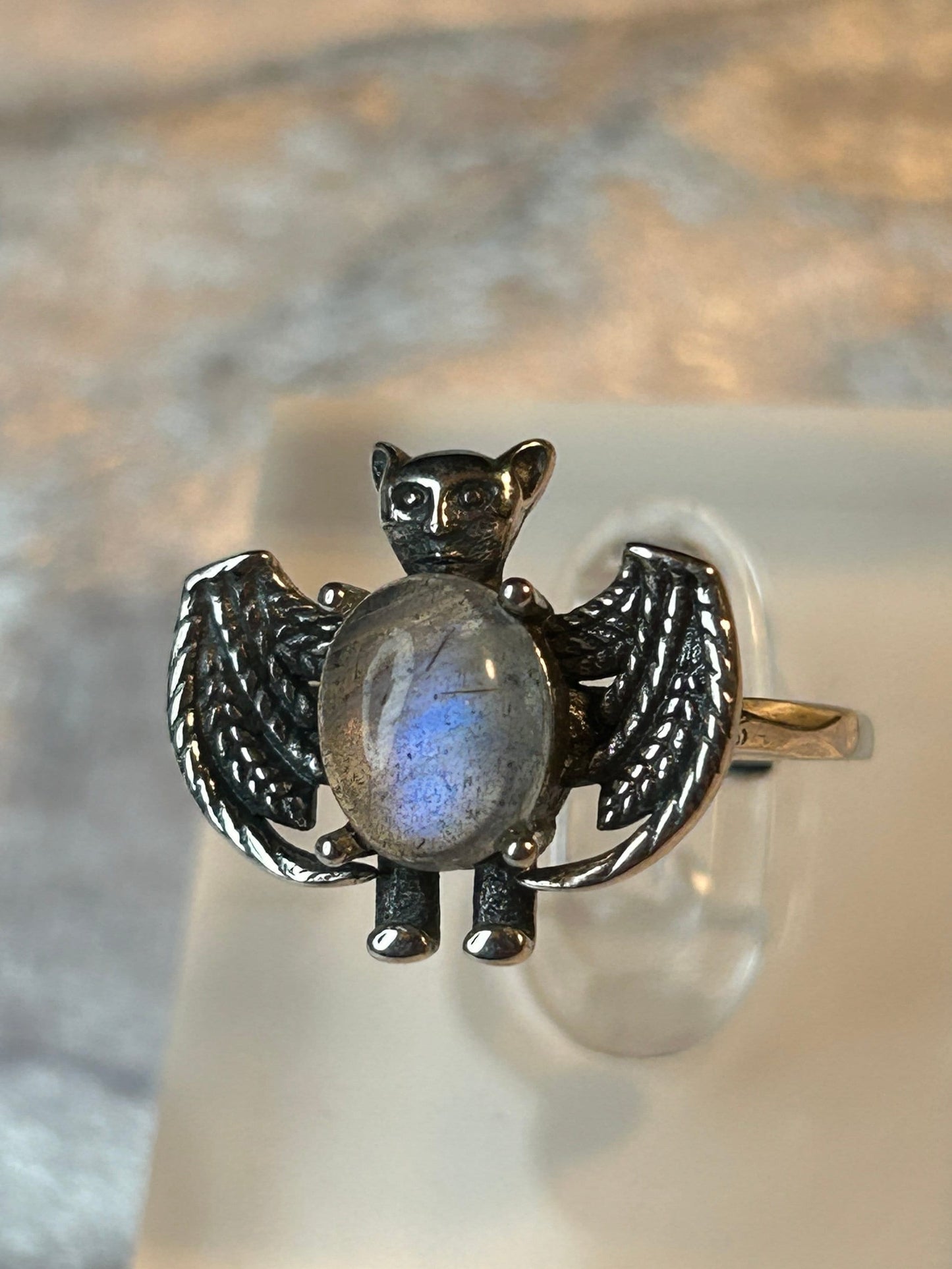 Bat Ring with Labradorite in 925 Sterling Silver - Adjustable Gothic Vampire Jewellery